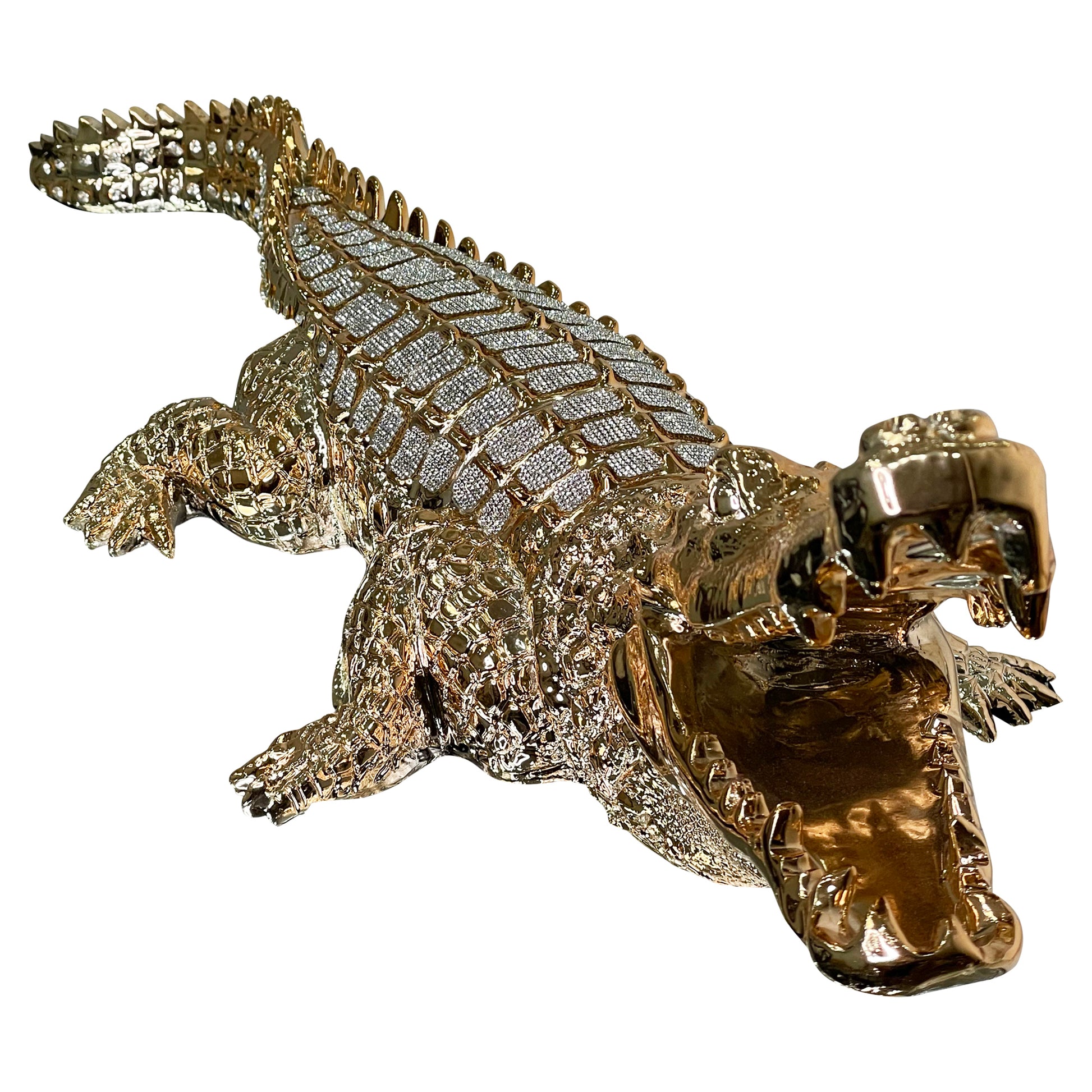 Ambrose Diamond Encrusted Gold Plated Crocodile 25"L X 9"W X 7.5"H Gold Polyresin