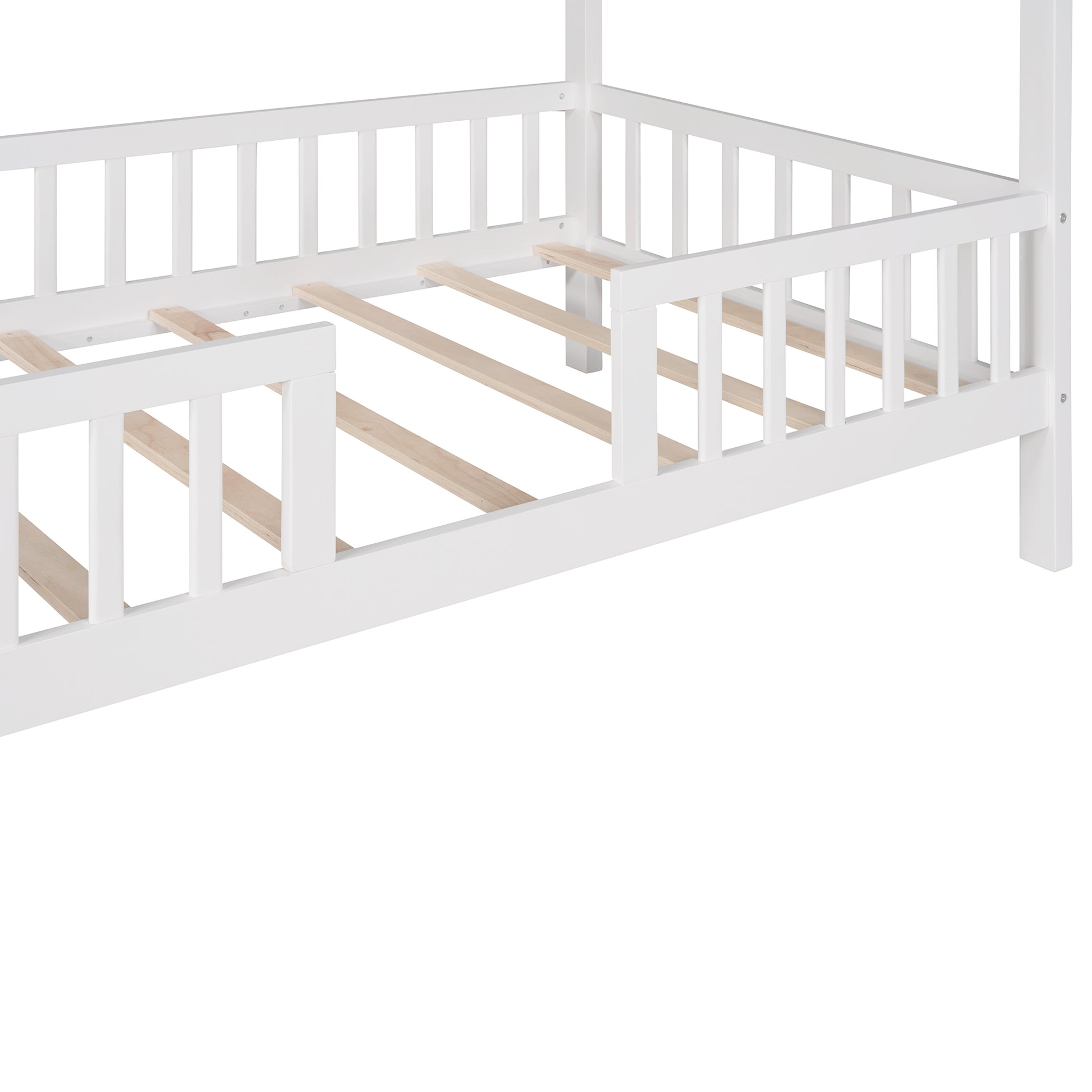 Twin Size Wood House Bed With Fence, White White Solid Wood