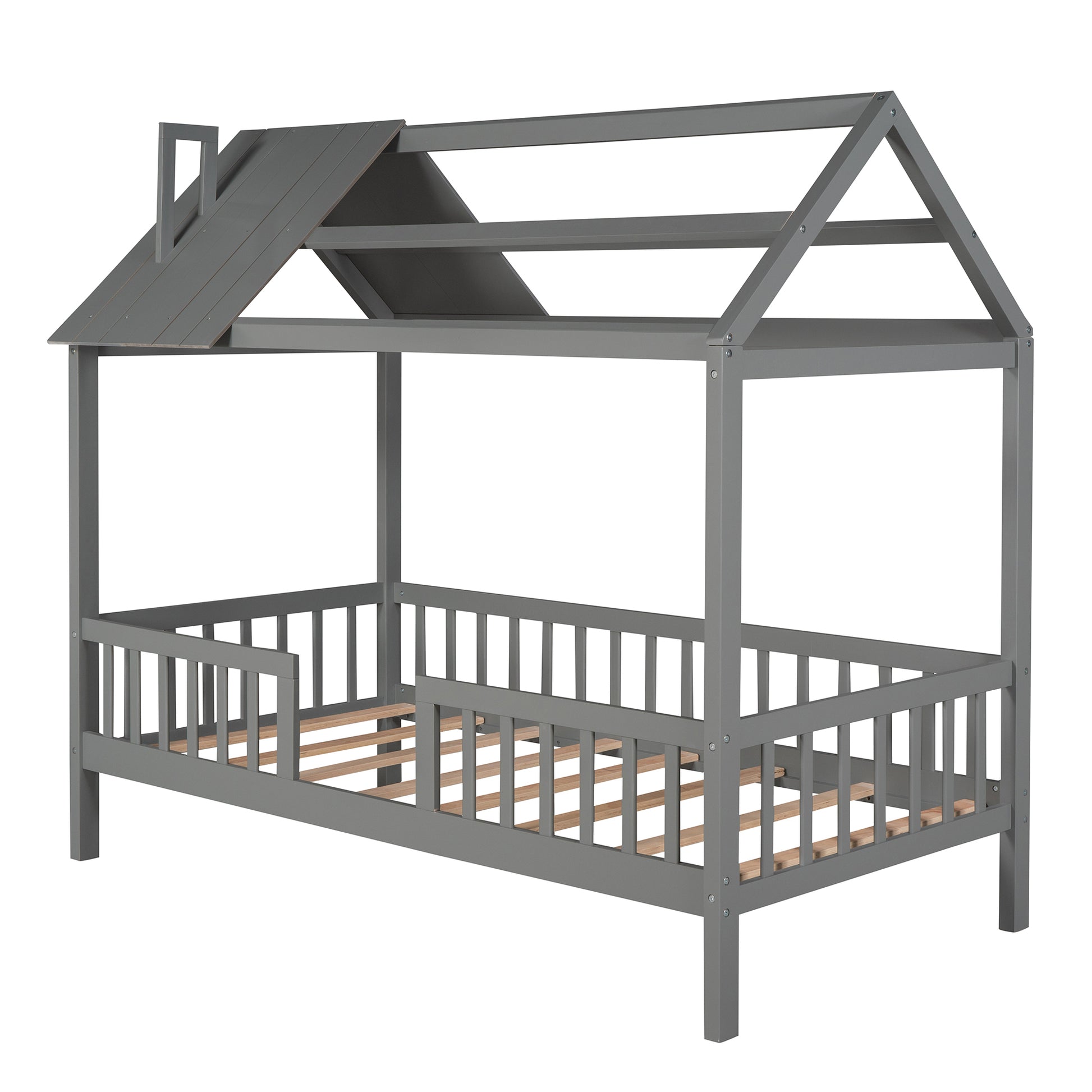 Twin Size Wood House Bed With Fence, Gray Gray Solid Wood