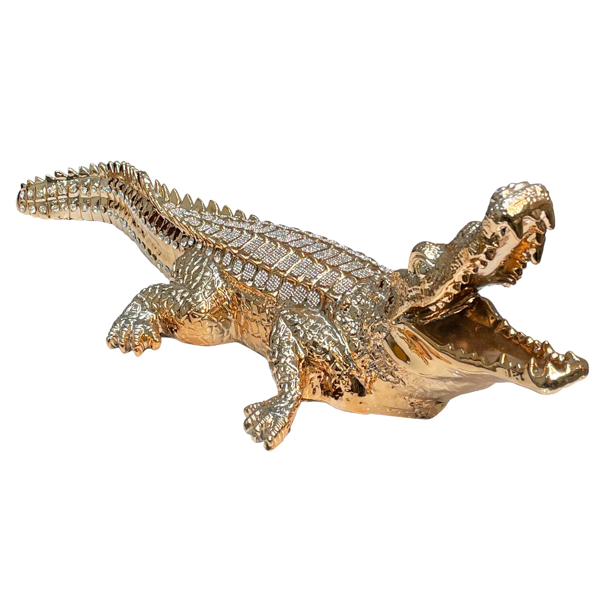 Ambrose Diamond Encrusted Gold Plated Crocodile 25"L X 9"W X 7.5"H Gold Polyresin