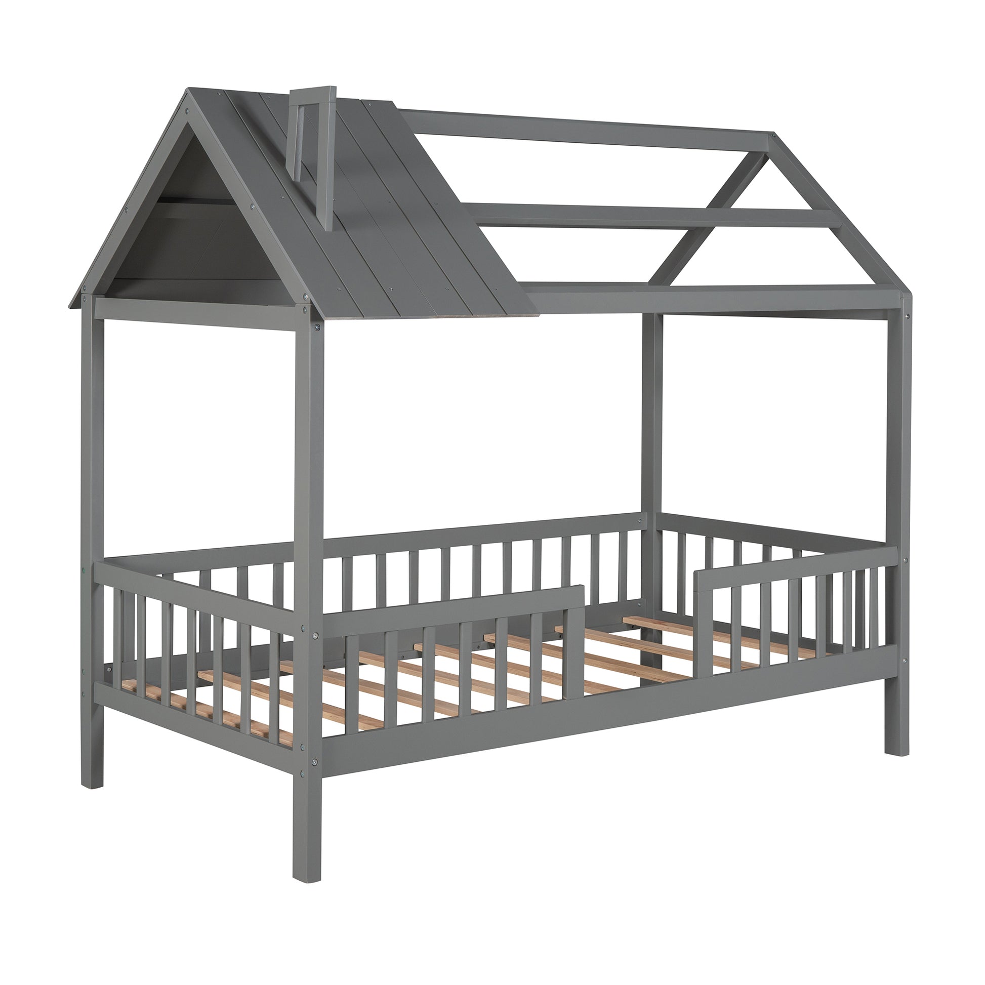 Twin Size Wood House Bed With Fence, Gray Gray Solid Wood