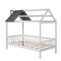 Twin Size Wood House Bed With Fence, White Gray White Solid Wood