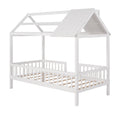 Twin Size Wood House Bed With Fence, White White Solid Wood