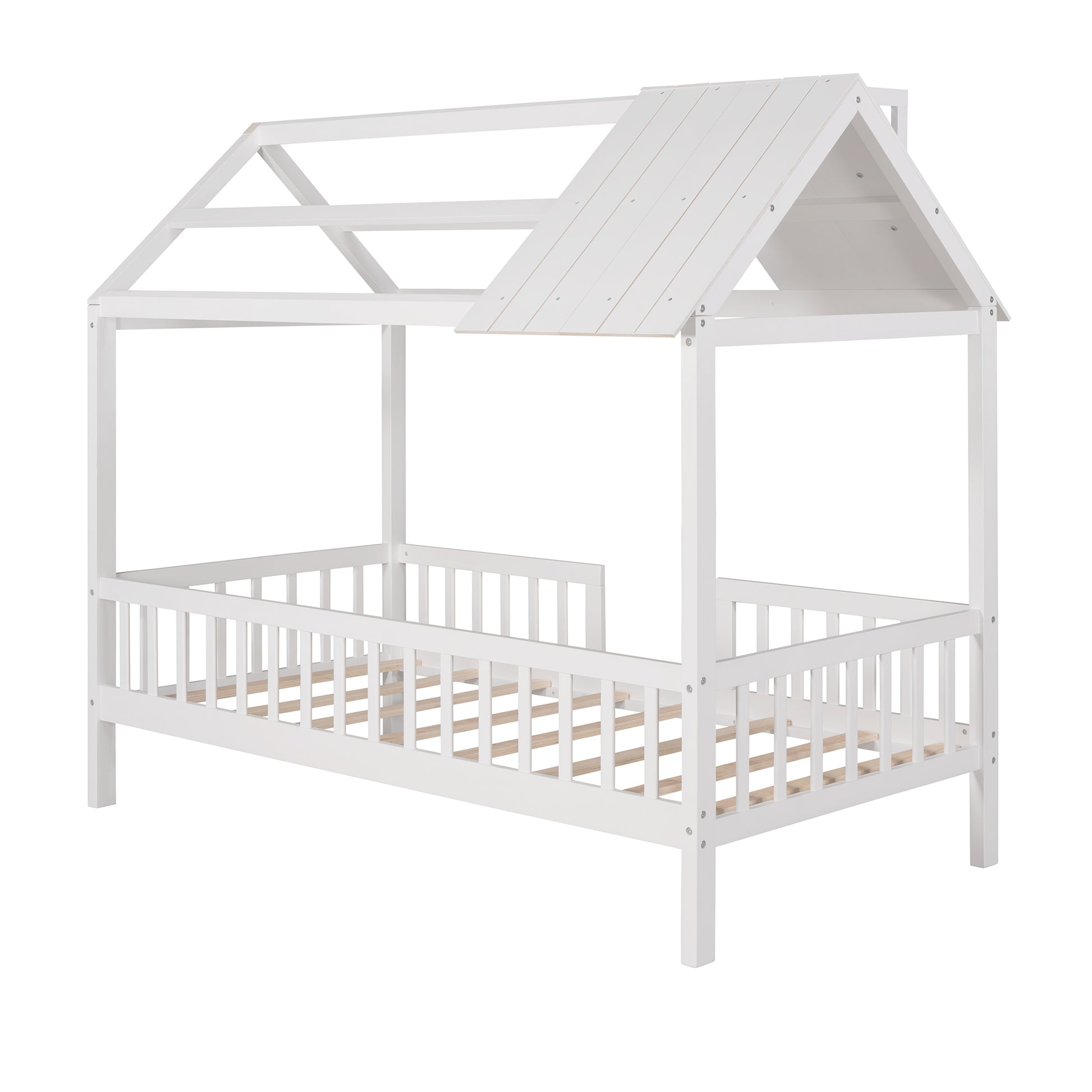 Twin Size Wood House Bed With Fence, White White Solid Wood