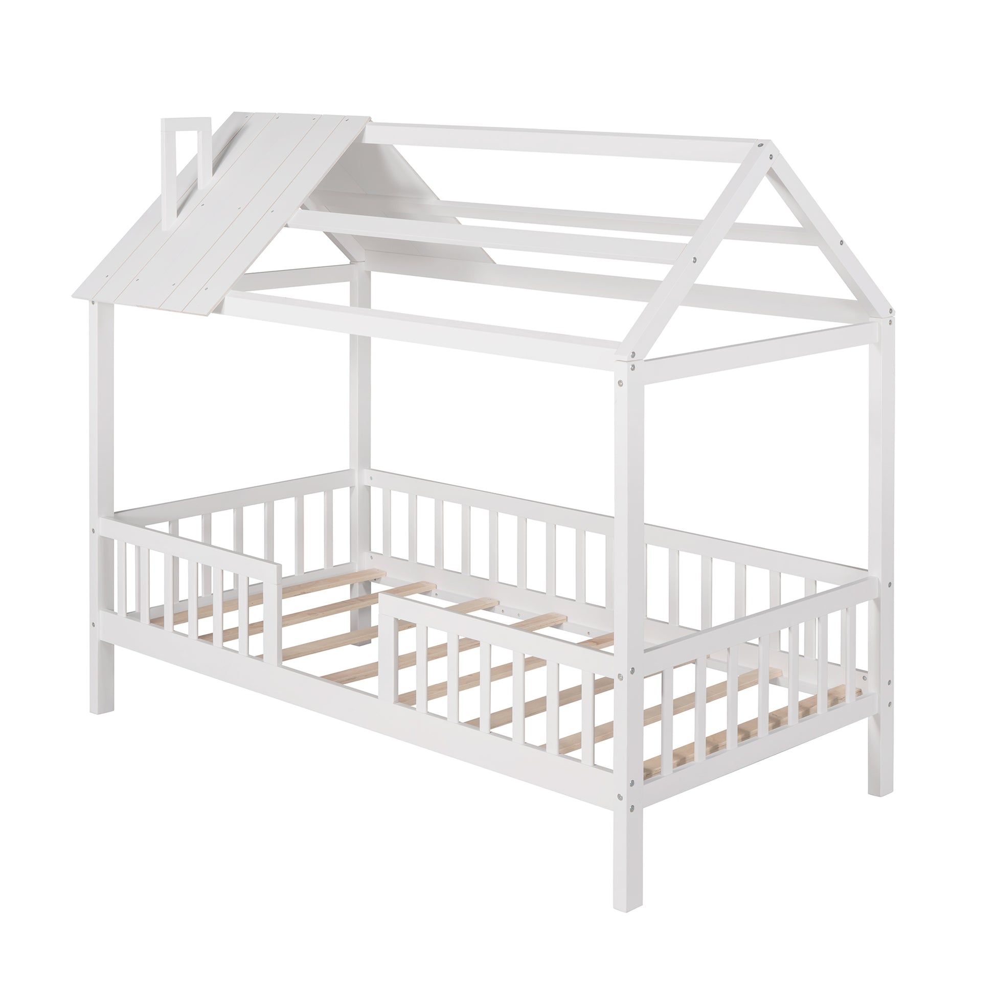 Twin Size Wood House Bed With Fence, White White Solid Wood