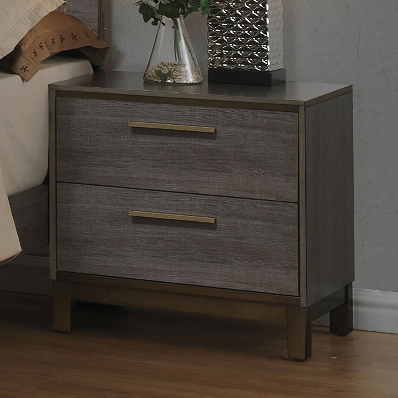 Contemporary 1Pc Nightstand Two Tone Antique Gray Bedroom Furniture Nightstand Center Metal Glides Brass Bar Pulls Antique Gray Gray 2 Drawers Bedroom Bedside Cabinet Contemporary,Modern Solid Wood