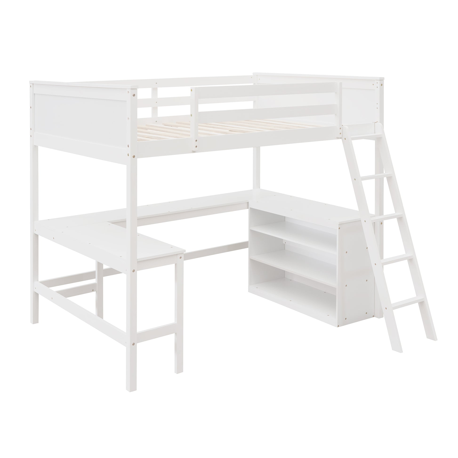 Full Size Loft Bed With Shelves And Desk, Wooden Loft Bed With Desk White White Solid Wood