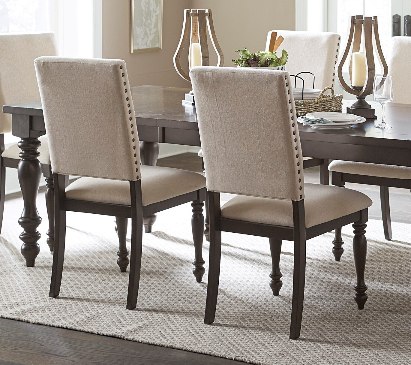 Fabric Upholstery Side Chairs 2Pc Set Grayish Brown Finish Wood Frame Trim Turned Legs Dining Furniture Brown Gray Dining Room Wood