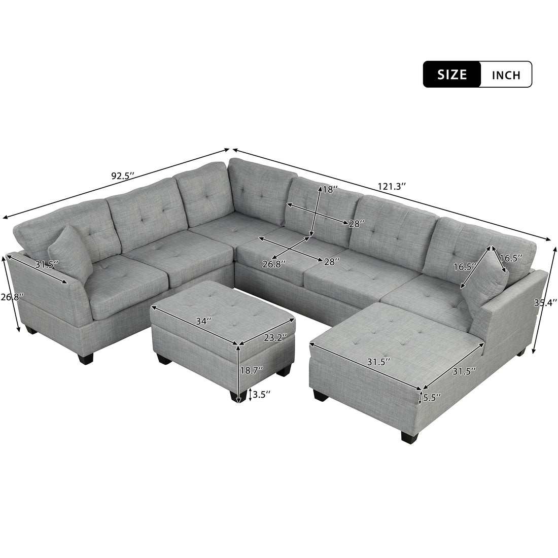 121.3" Oversized Sectional Sofa With Storage Ottoman, U Shaped Sectional Couch With 2 Throw Pillows For Large Space Dorm Apartment Light Grey Foam Linen