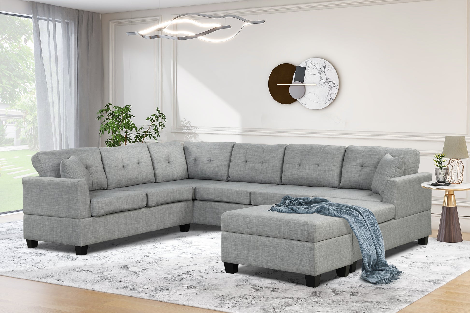 121.3" Oversized Sectional Sofa With Storage Ottoman, U Shaped Sectional Couch With 2 Throw Pillows For Large Space Dorm Apartment Light Grey Foam Linen