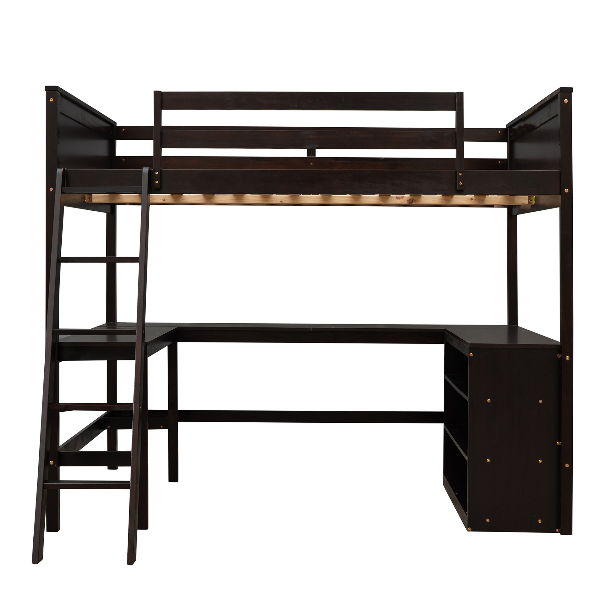 Full Size Loft Bed With Shelves And Desk, Wooden Loft Bed With Desk Espresso Espresso Solid Wood