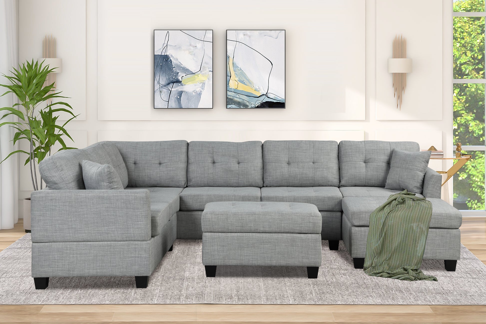 121.3" Oversized Sectional Sofa With Storage Ottoman, U Shaped Sectional Couch With 2 Throw Pillows For Large Space Dorm Apartment Light Grey Foam Linen