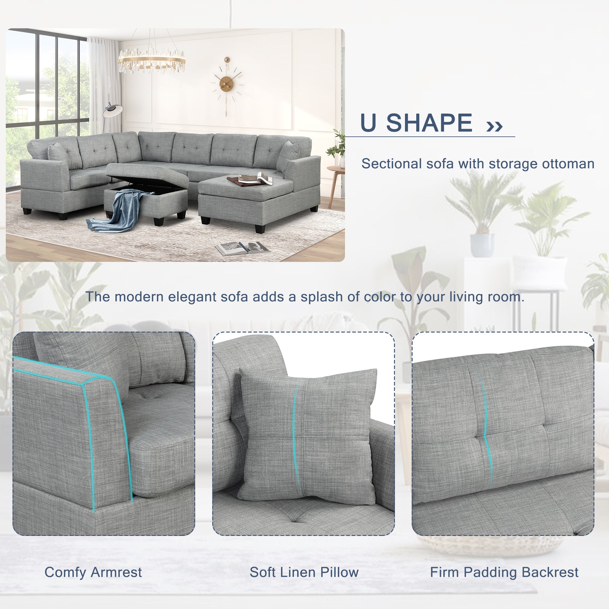 121.3" Oversized Sectional Sofa With Storage Ottoman, U Shaped Sectional Couch With 2 Throw Pillows For Large Space Dorm Apartment Light Grey Foam Linen