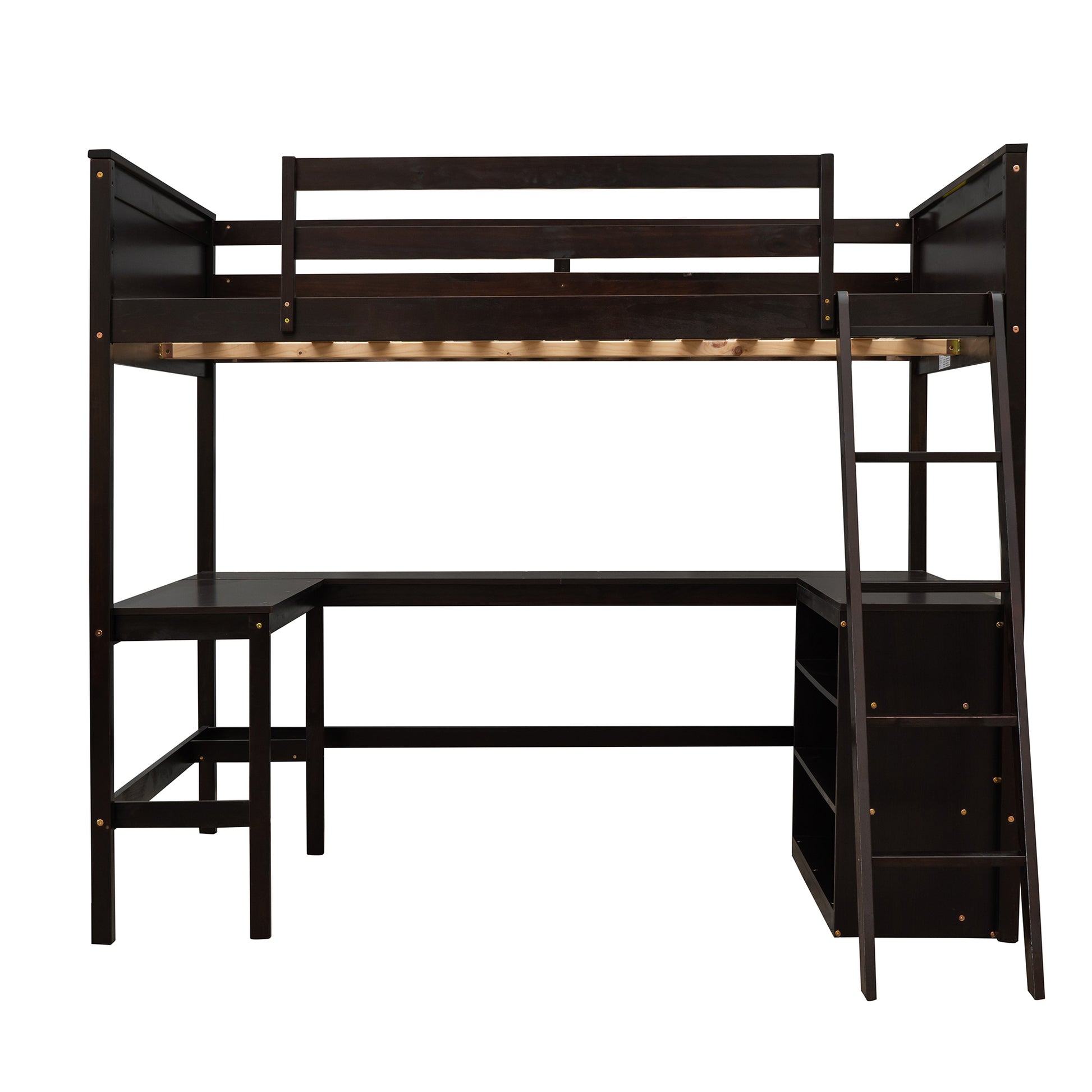 Full Size Loft Bed With Shelves And Desk, Wooden Loft Bed With Desk Espresso Espresso Solid Wood