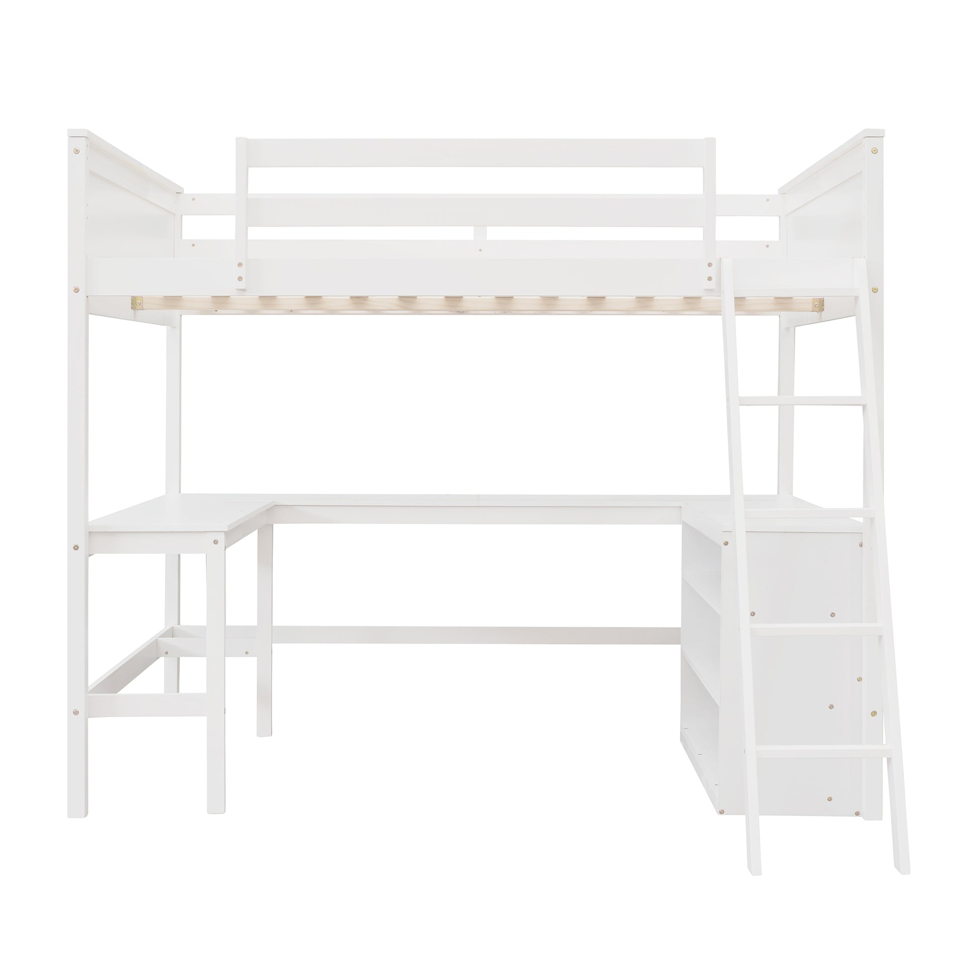 Full Size Loft Bed With Shelves And Desk, Wooden Loft Bed With Desk White White Solid Wood