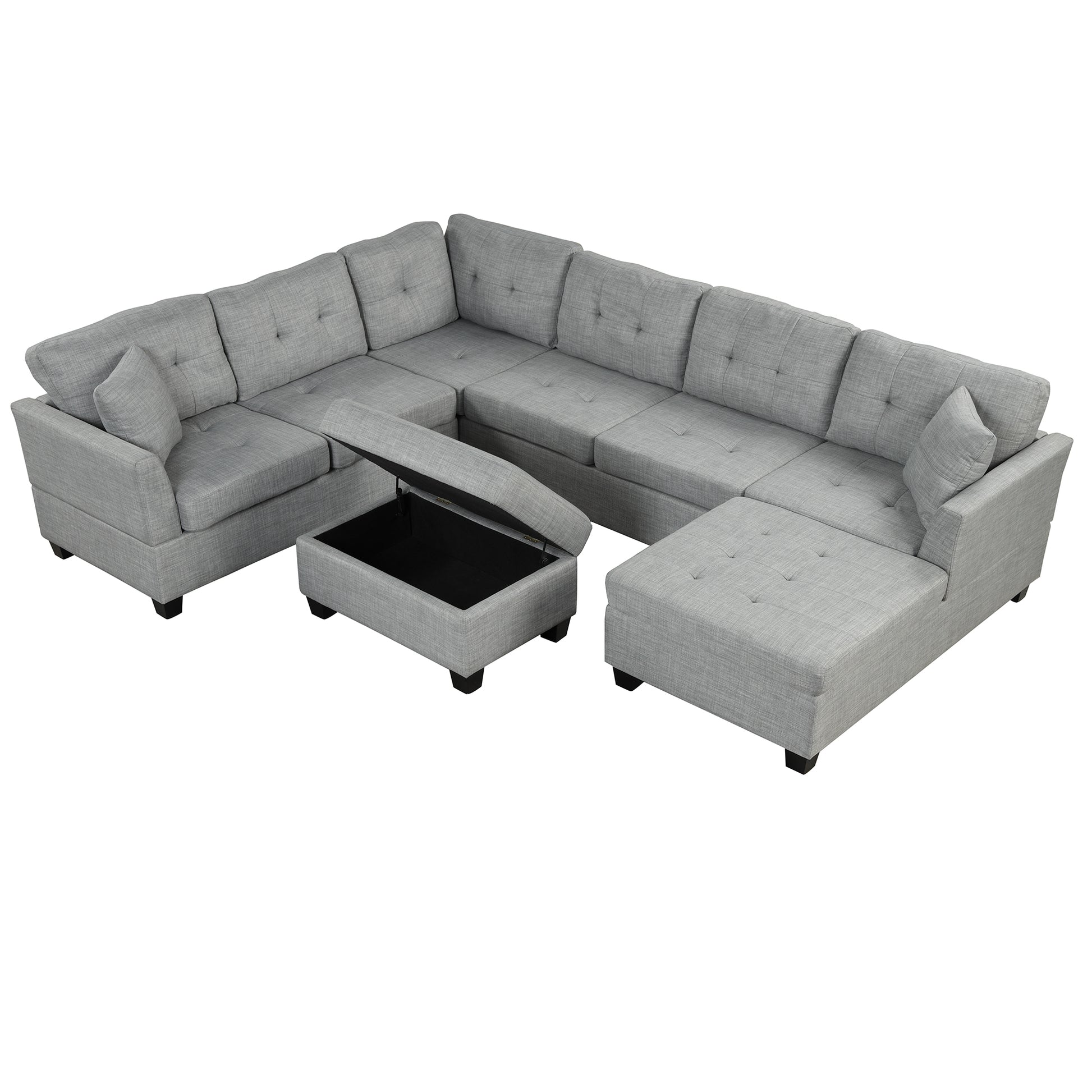 121.3" Oversized Sectional Sofa With Storage Ottoman, U Shaped Sectional Couch With 2 Throw Pillows For Large Space Dorm Apartment Light Grey Foam Linen