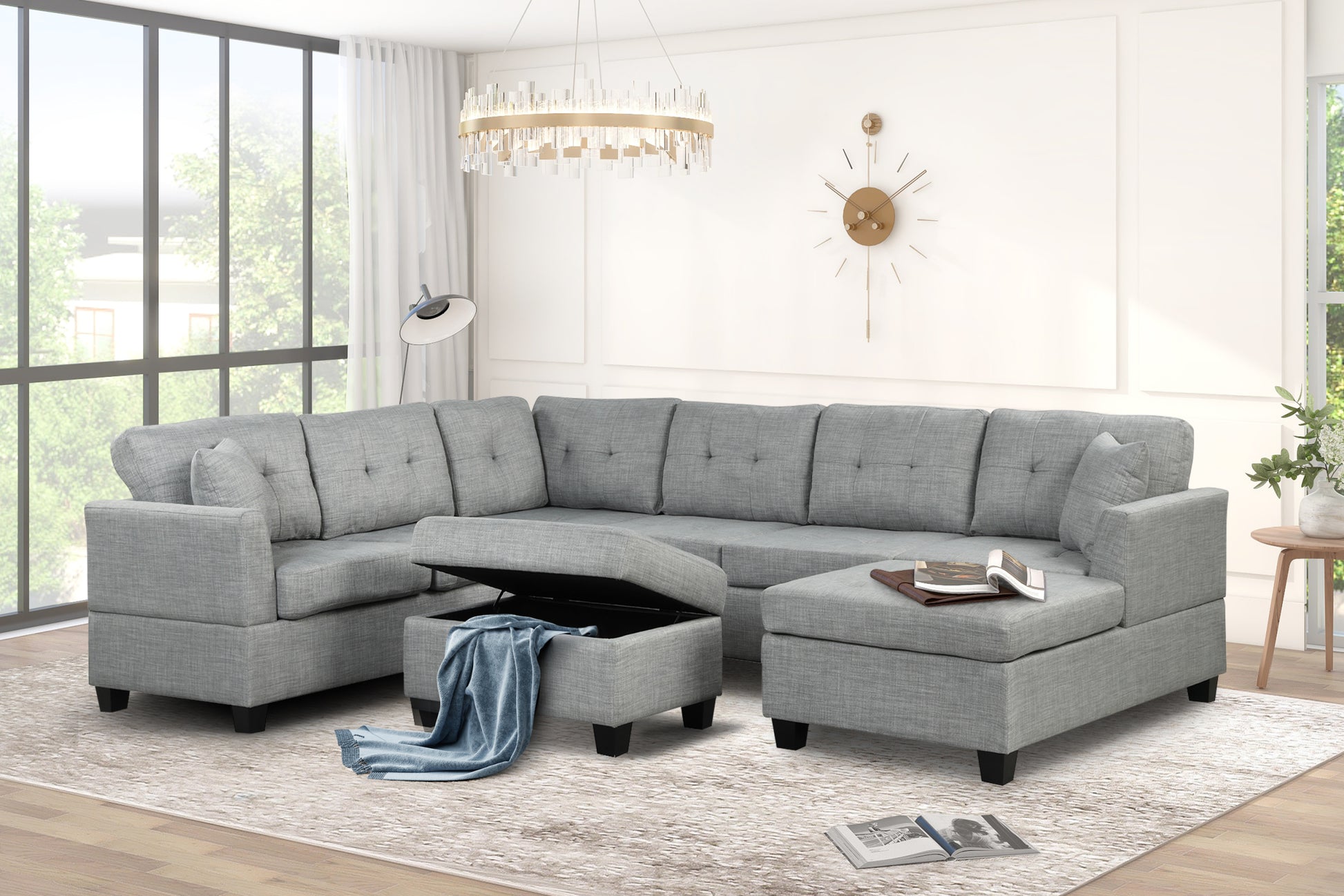 121.3" Oversized Sectional Sofa With Storage Ottoman, U Shaped Sectional Couch With 2 Throw Pillows For Large Space Dorm Apartment Light Grey Foam Linen