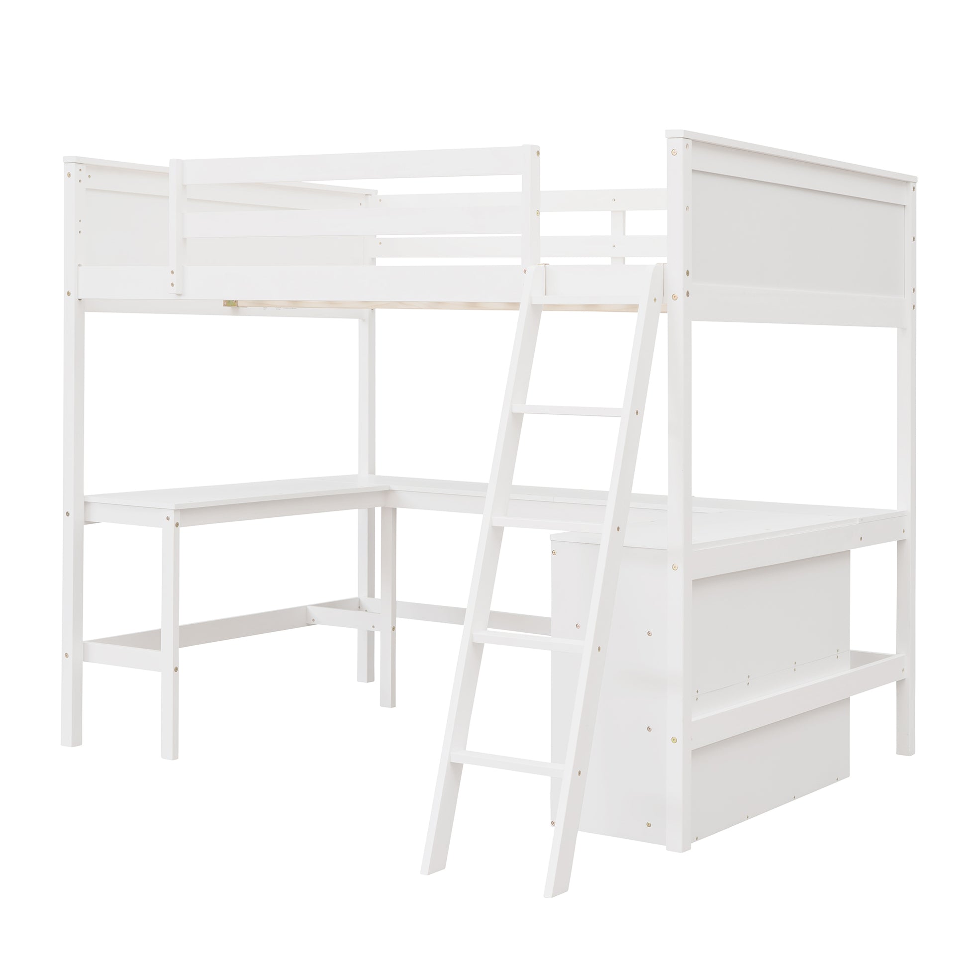 Full Size Loft Bed With Shelves And Desk, Wooden Loft Bed With Desk White White Solid Wood