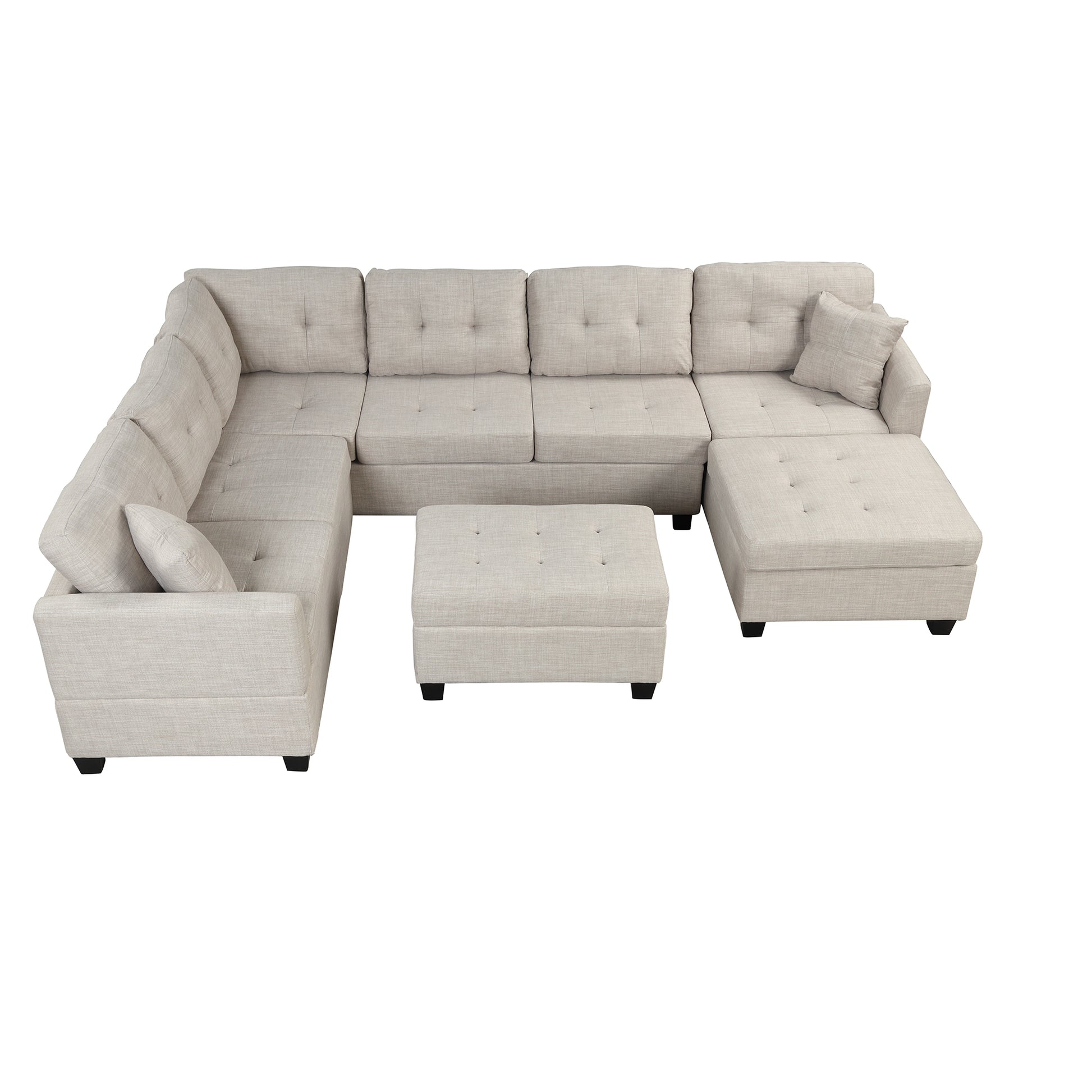 121.3" Oversized Sectional Sofa With Storage Ottoman, U Shaped Sectional Couch With 2 Throw Pillows For Large Space Dorm Apartment Beige Foam Linen