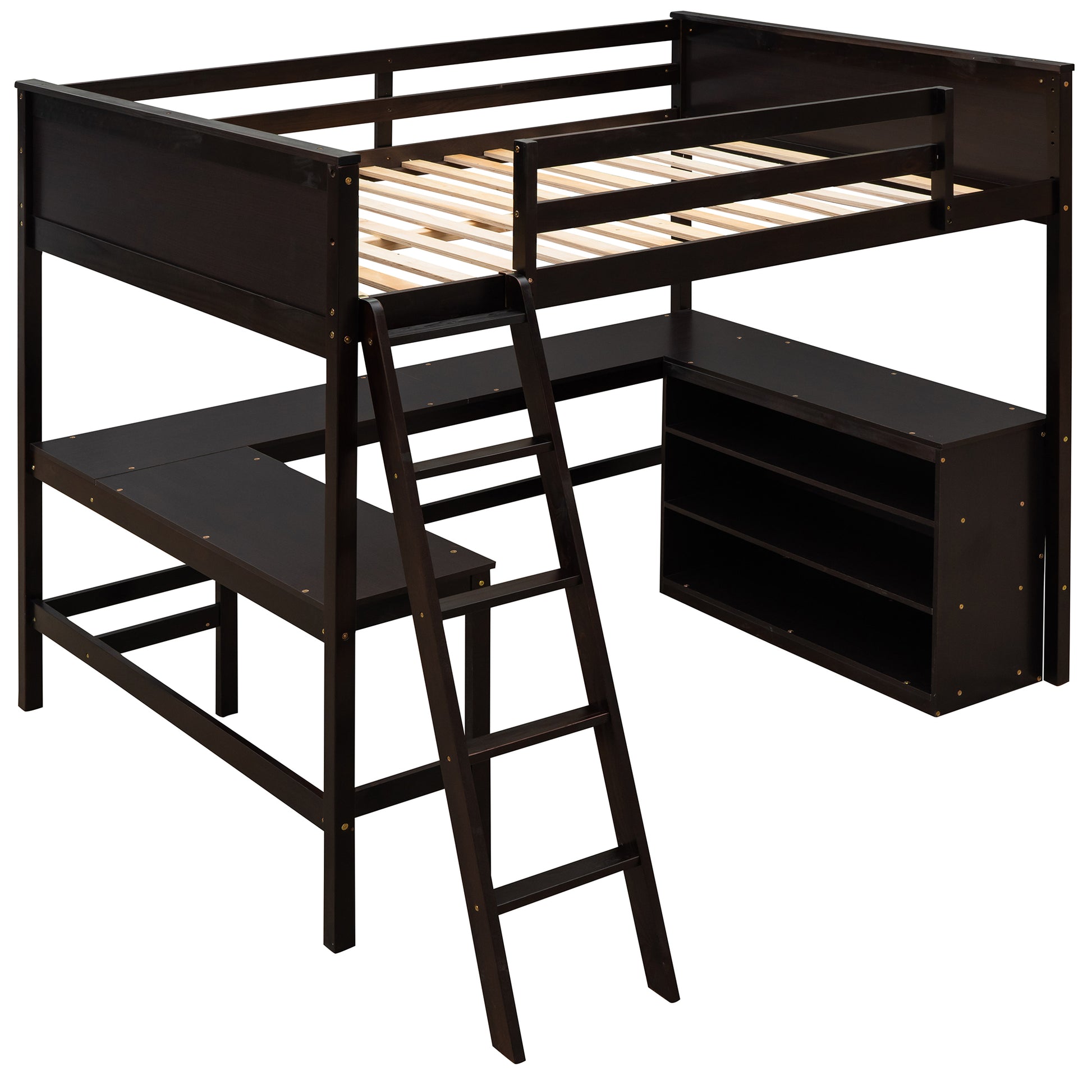 Full Size Loft Bed With Shelves And Desk, Wooden Loft Bed With Desk Espresso Espresso Solid Wood