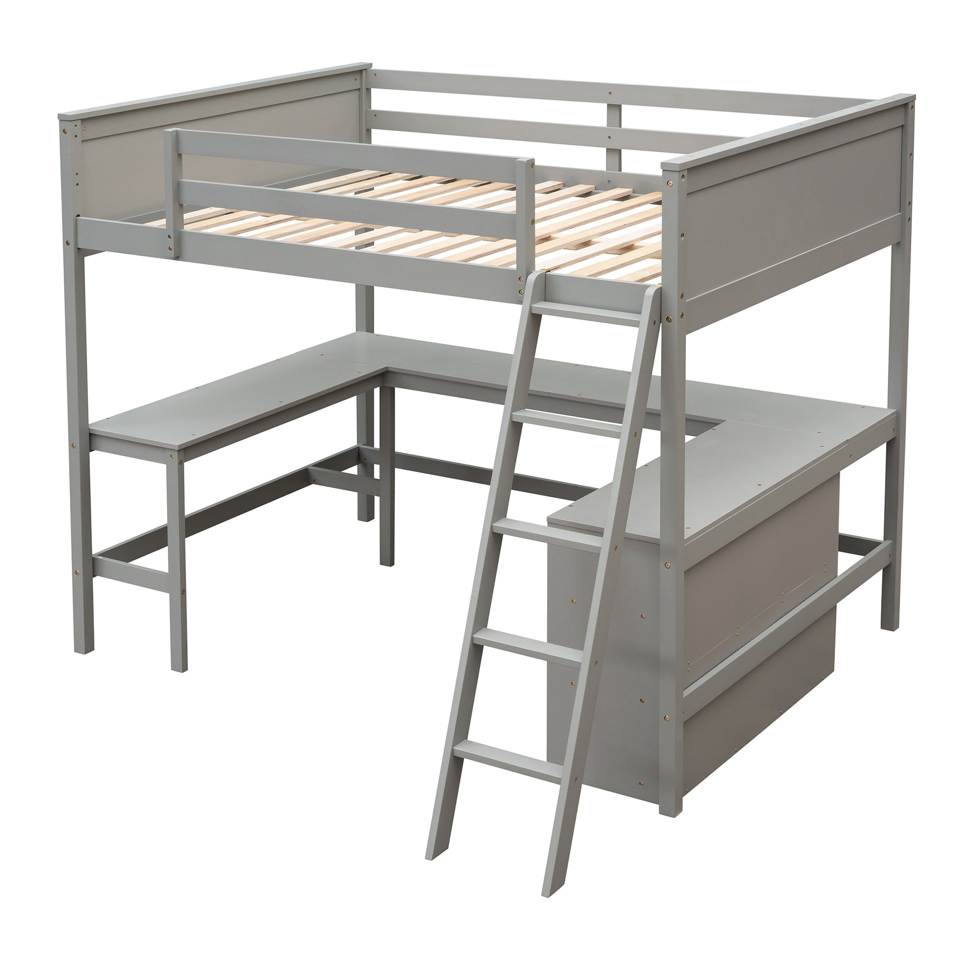 Full Size Loft Bed With Shelves And Desk, Wooden Loft Bed With Desk Gray Gray Solid Wood