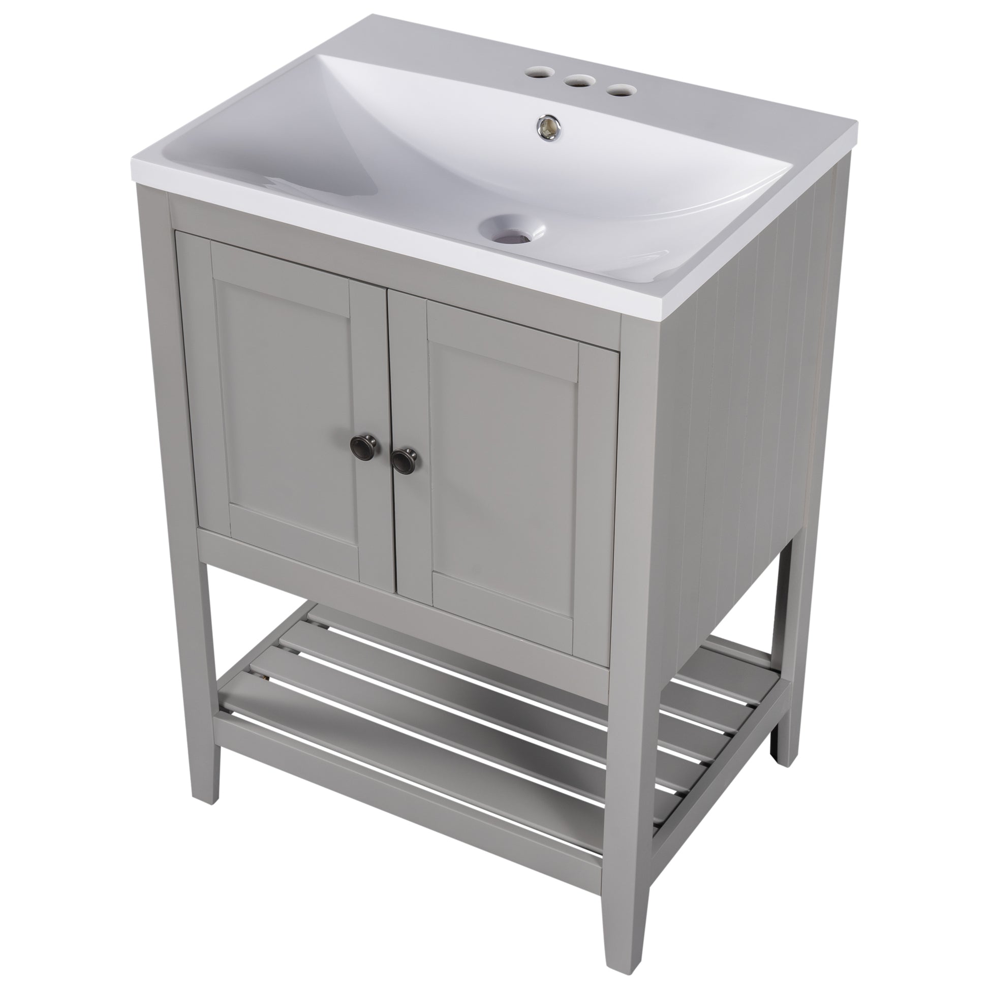 Video 24" Grey Modern Sleek Bathroom Vanity Elegant Ceramic Sink With Solid Wood Frame Open Style Shelf Old Sku: Jl000004Aae Grey Solid Wood