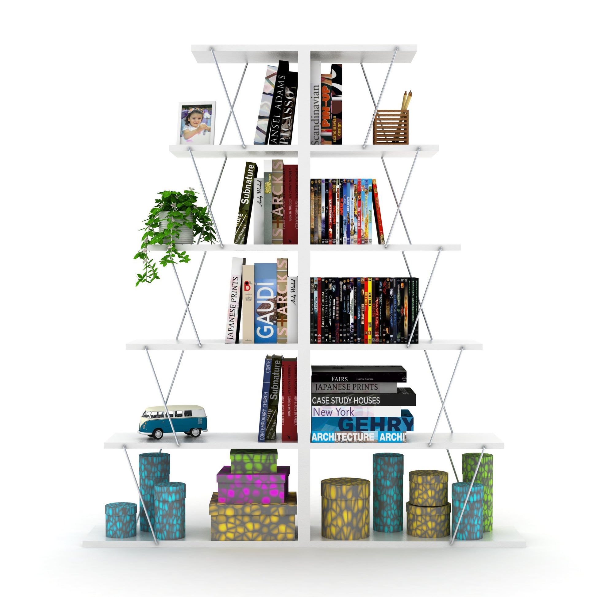 Furnish Home Store Modern 5 Tier Ladder Bookshelf Organizers, Narrow Bookshelf For Small Spaces Office Furniture Bookcase, White Chrome White Solid Wood