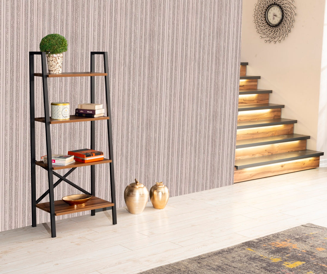 Leon 5 Tier Modern Ladder Bookshelf Organizers, Metal Frame Bookshelf For Small Spaces In Your Living Rooms, Office Furniture Bookcase, Walnut Walnut Solid Wood