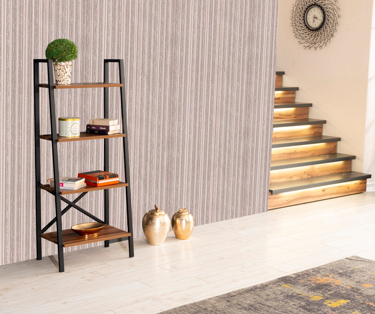 Leon 5 Tier Modern Ladder Bookshelf Organizers, Metal Frame Bookshelf For Small Spaces In Your Living Rooms, Office Furniture Bookcase, Walnut Walnut Solid Wood