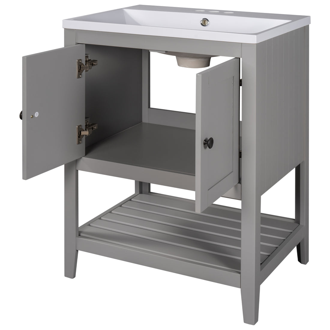 Video 24" Grey Modern Sleek Bathroom Vanity Elegant Ceramic Sink With Solid Wood Frame Open Style Shelf Old Sku: Jl000004Aae Grey Solid Wood