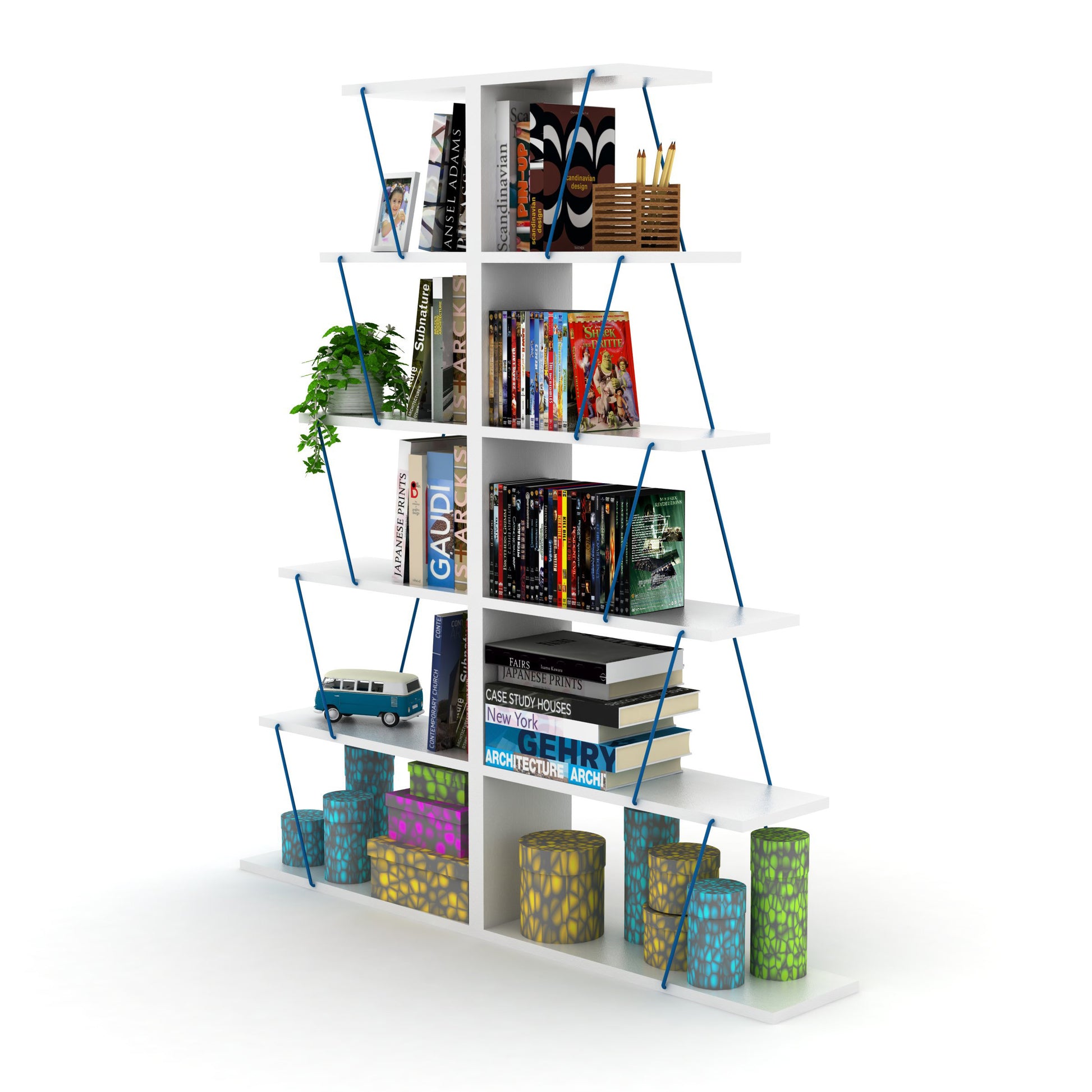 Furnish Home Store Modern 5 Tier Ladder Bookshelf Organizers, Narrow Bookshelf For Small Spaces Office Furniture Bookcase ,White Blue White Solid Wood