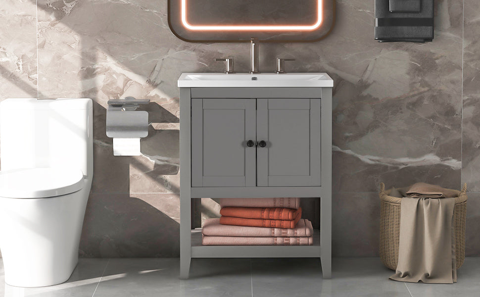 Video 24" Grey Modern Sleek Bathroom Vanity Elegant Ceramic Sink With Solid Wood Frame Open Style Shelf Old Sku: Jl000004Aae Grey Solid Wood