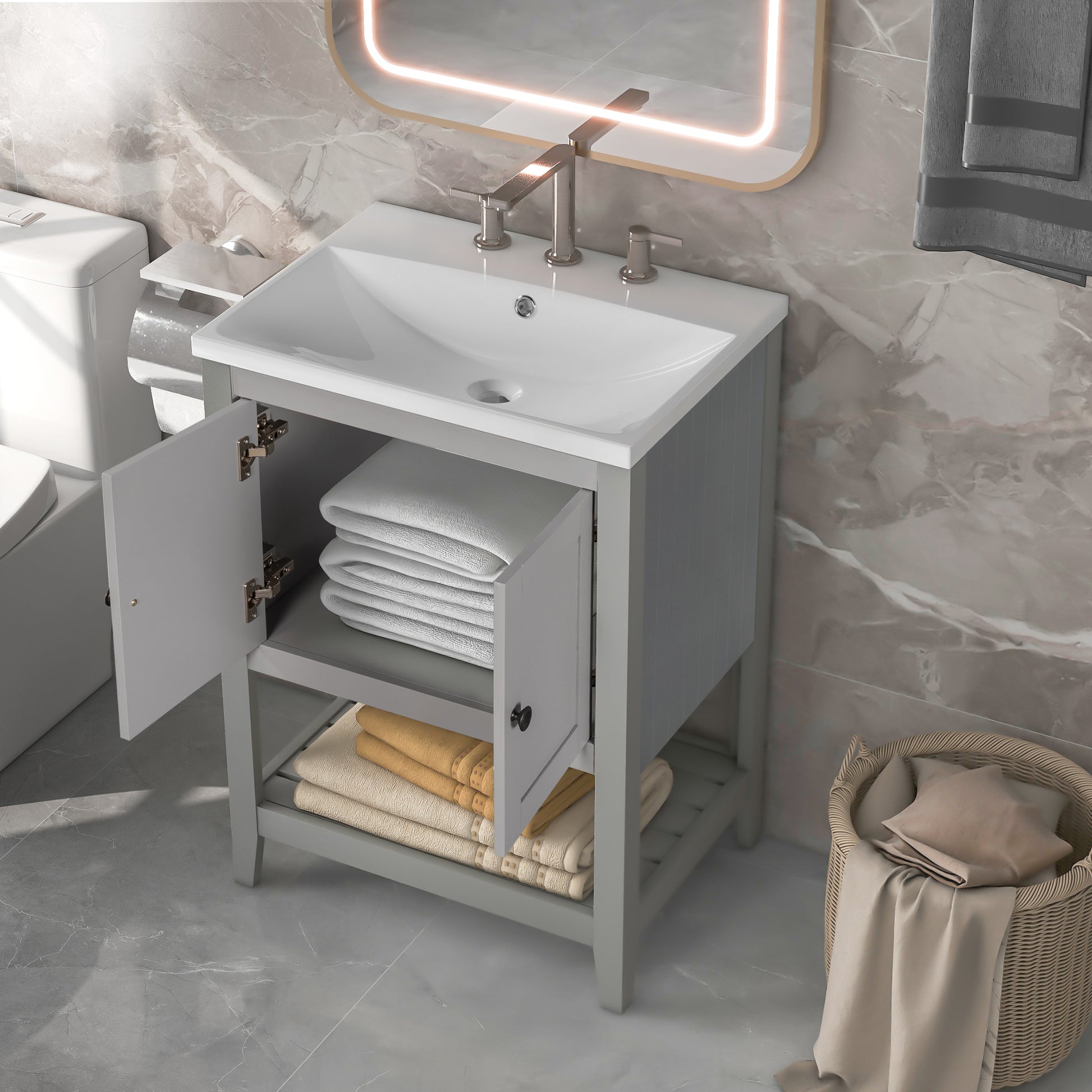 Video 24" Grey Modern Sleek Bathroom Vanity Elegant Ceramic Sink With Solid Wood Frame Open Style Shelf Old Sku: Jl000004Aae Grey Solid Wood