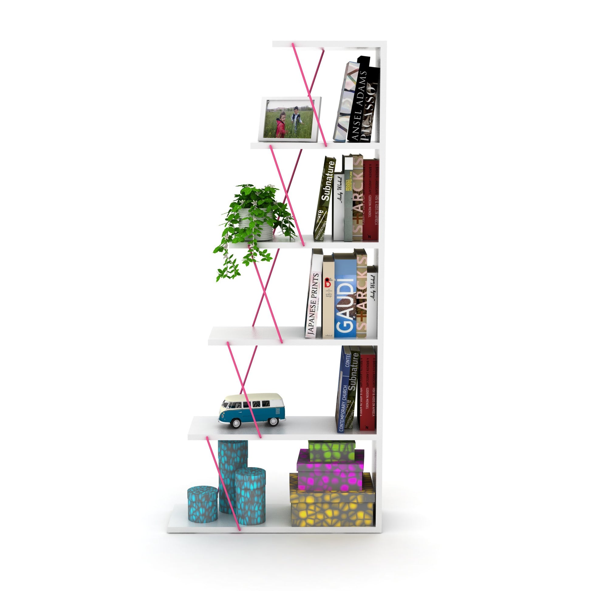 Furnish Home Store Modern 5 Tier Ladder Bookshelf Organizers, Narrow Bookshelf For Small Spaces Office Furniture Bookcase ,White Pink White Solid Wood