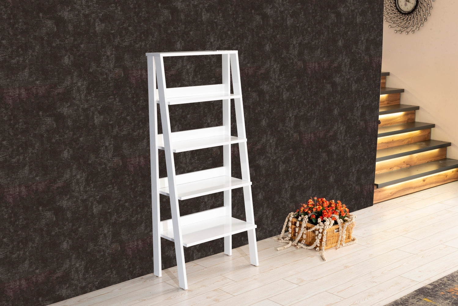 Furnish Home Store Otavio 5 Tier Modern Ladder Bookshelf Organizers, Wood Frame Bookshelf For Small Spaces In Your Living Rooms, Office Furniture Bookcase, White White Solid Wood