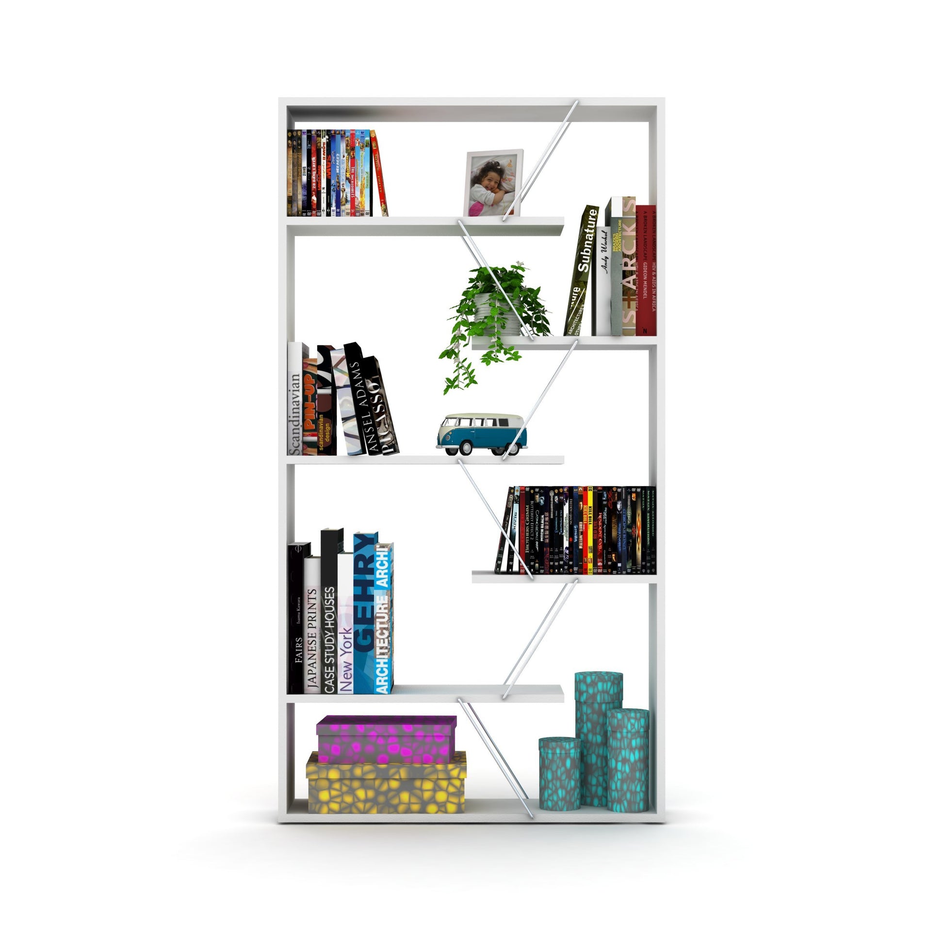 Furnish Home Store Wood Frame Etagere Open Back 6 Shelves Bookcase Industrial Bookshelf For Office And Living Rooms Modern Bookcases Large Bookshelf Organizer, White Chrome White Solid Wood