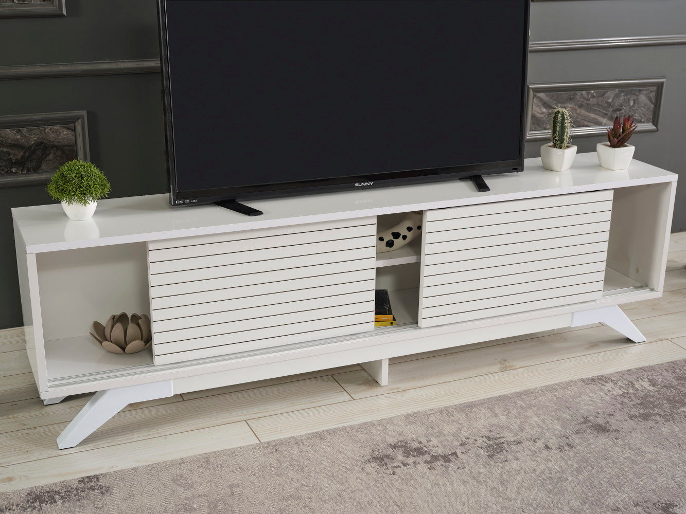 Furnishome Store Luxia Mid Century Modern Tv Stand 2 Sliding Door Cabinet 2 Shelves 67 Inch Tv Uni, White White Solid Wood