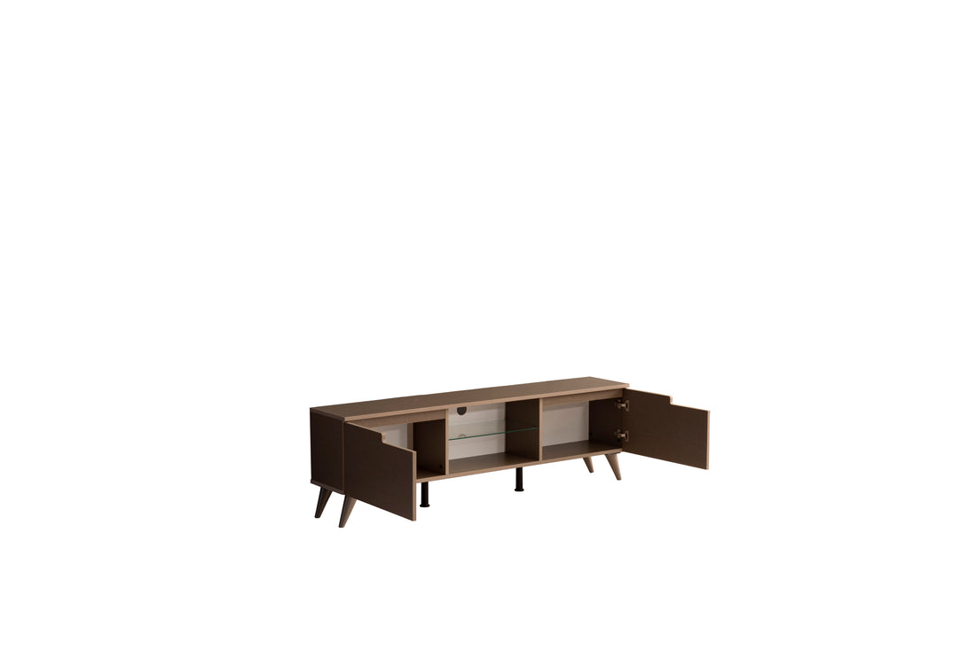 Furnishome Store Denver Mid Century Modern Tv Stand 2 Door Cabinets 1 Glass Shelf 66 Inch Tv Unit, Brown Brown Solid Wood