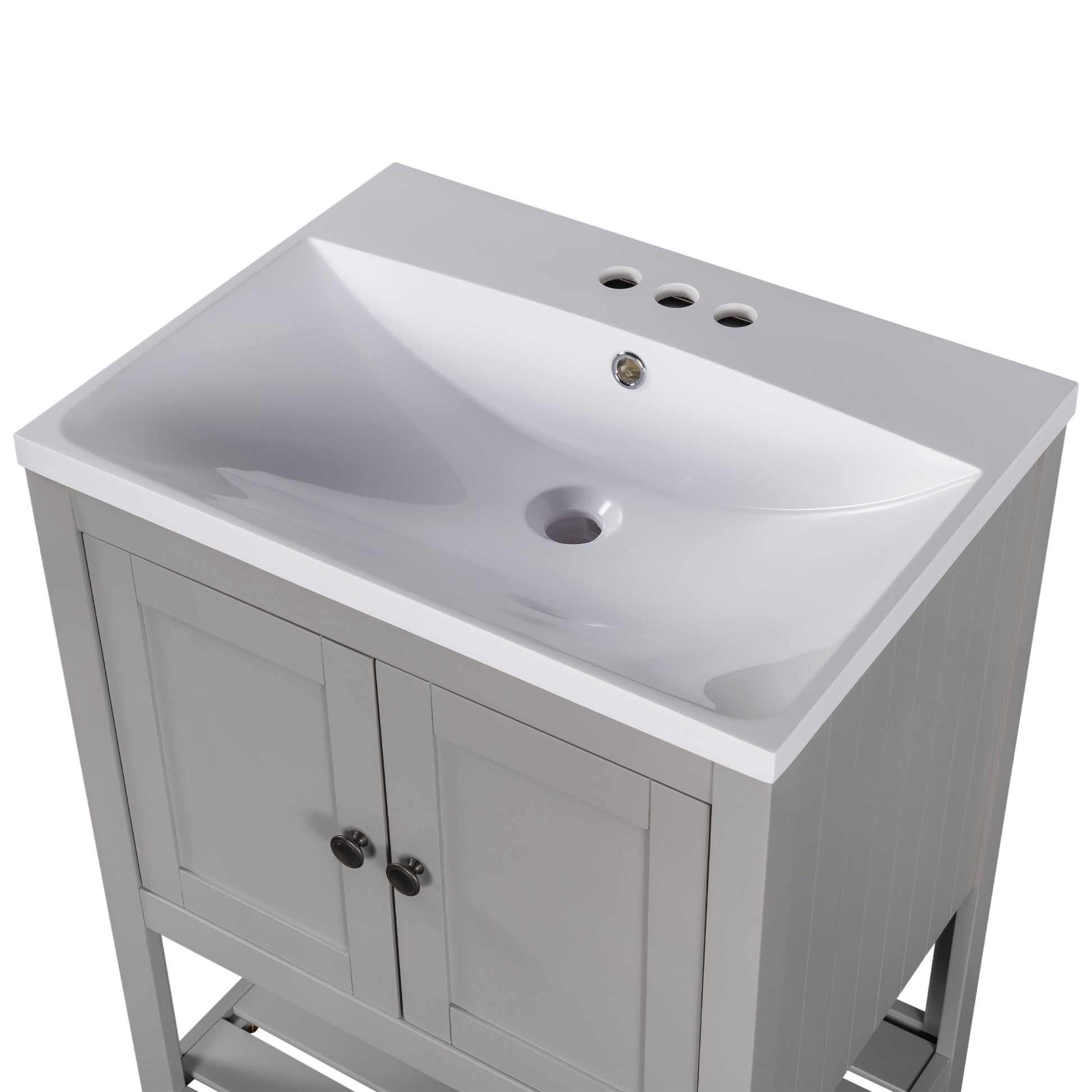 Video 24" Grey Modern Sleek Bathroom Vanity Elegant Ceramic Sink With Solid Wood Frame Open Style Shelf Old Sku: Jl000004Aae Grey Solid Wood