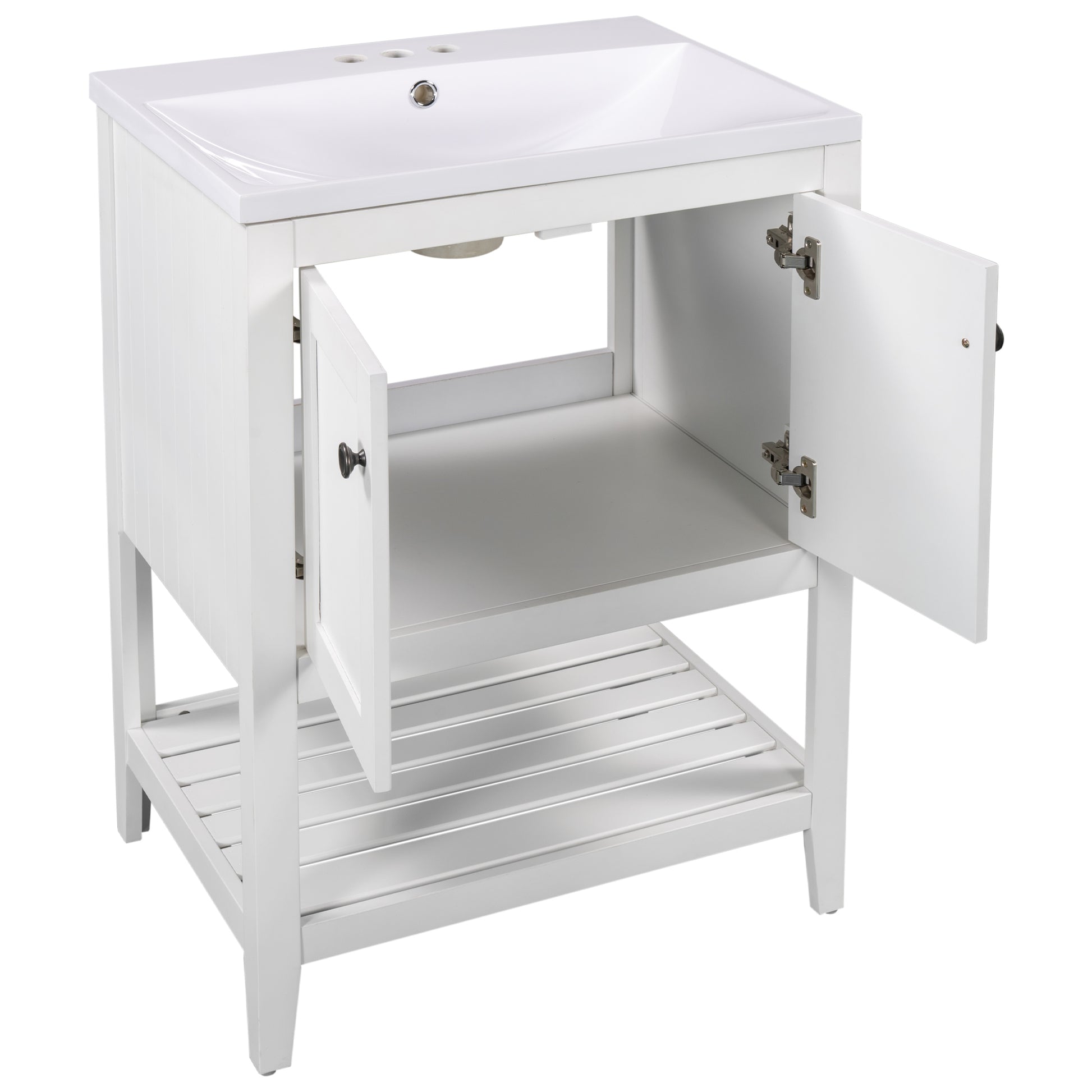 Video 24" White Modern Sleek Bathroom Vanity Elegant Ceramic Sink With Solid Wood Frame Open Style Shelf Old Sku: Jl000001Aak White Solid Wood