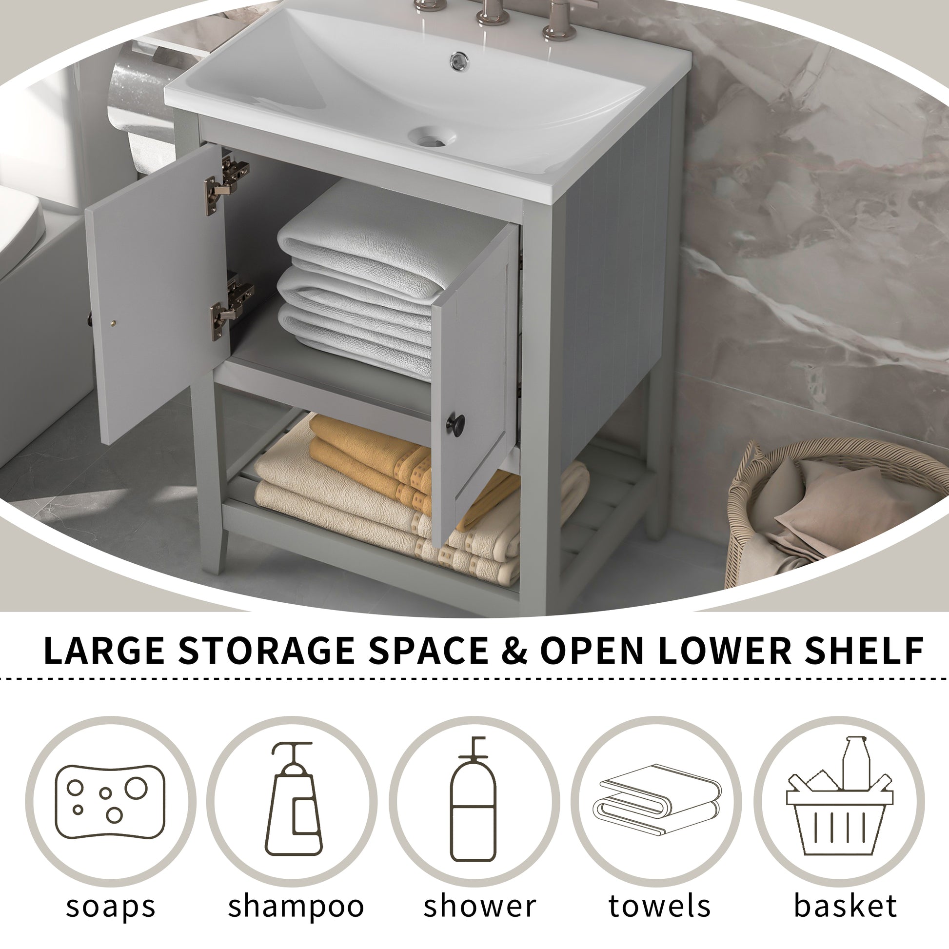 Video 24" Grey Modern Sleek Bathroom Vanity Elegant Ceramic Sink With Solid Wood Frame Open Style Shelf Grey Solid Wood