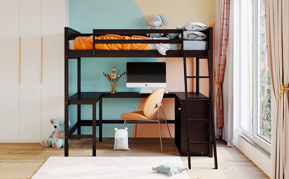 Full Size Loft Bed With Shelves And Desk, Wooden Loft Bed With Desk Espresso Espresso Solid Wood