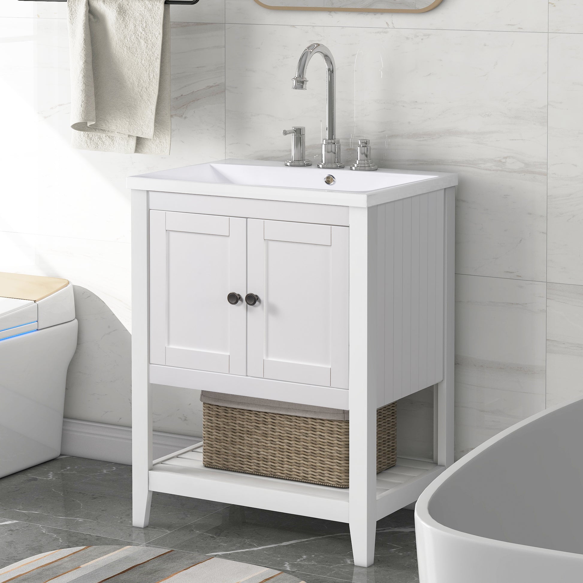 Video 24" White Modern Sleek Bathroom Vanity Elegant Ceramic Sink With Solid Wood Frame Open Style Shelf Old Sku: Jl000001Aak White Solid Wood