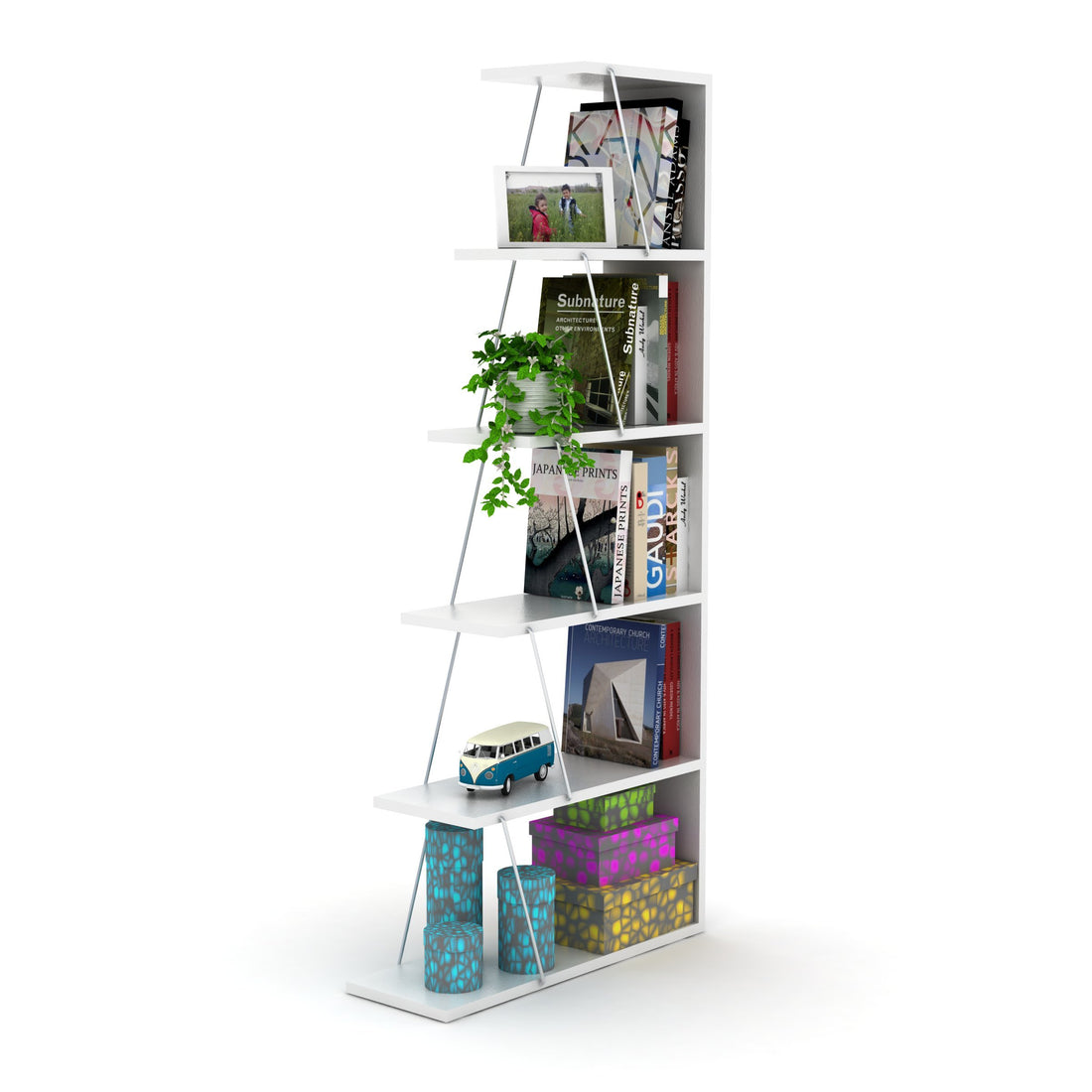 Furnish Home Store Modern 5 Tier Ladder Bookshelf Organizers, Narrow Bookshelf For Small Spaces Office Furniture Bookcase, White Chrome White Solid Wood