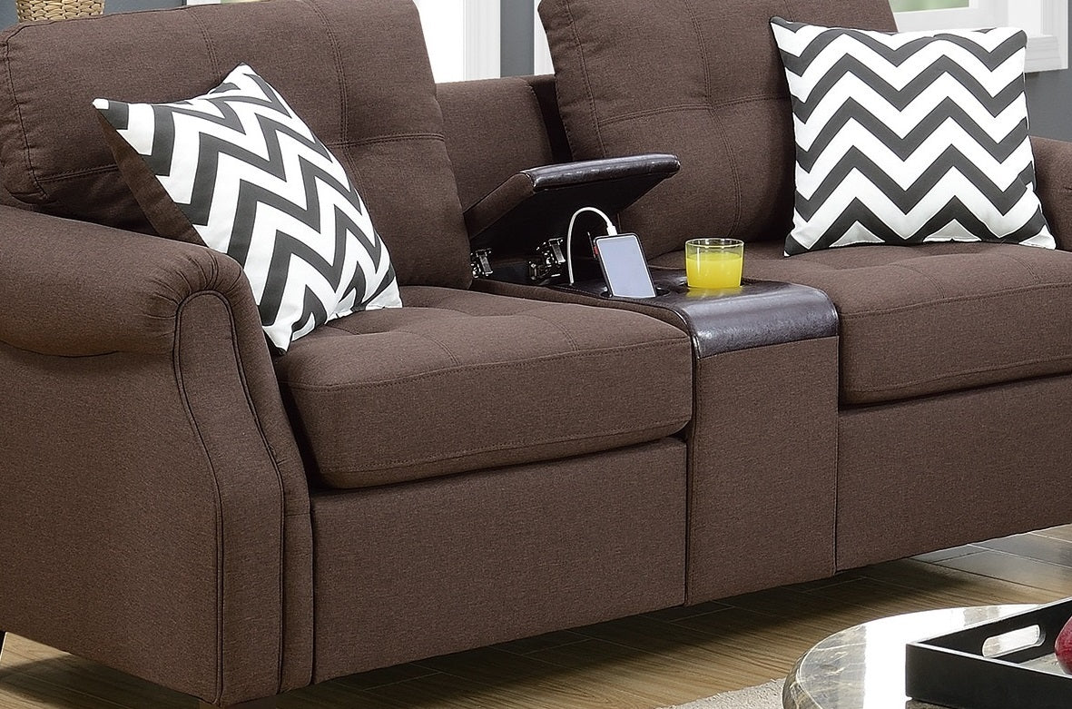 2Pcs Sofa Set Living Room Furniture Dark Coffee Plush Polyfiber Sofa Loveseat W Console Pillows Couch Coffee Wood Primary Living Space Cushion Back Contemporary,Modern Pillow Top Arms Solid Wood 5 Seat