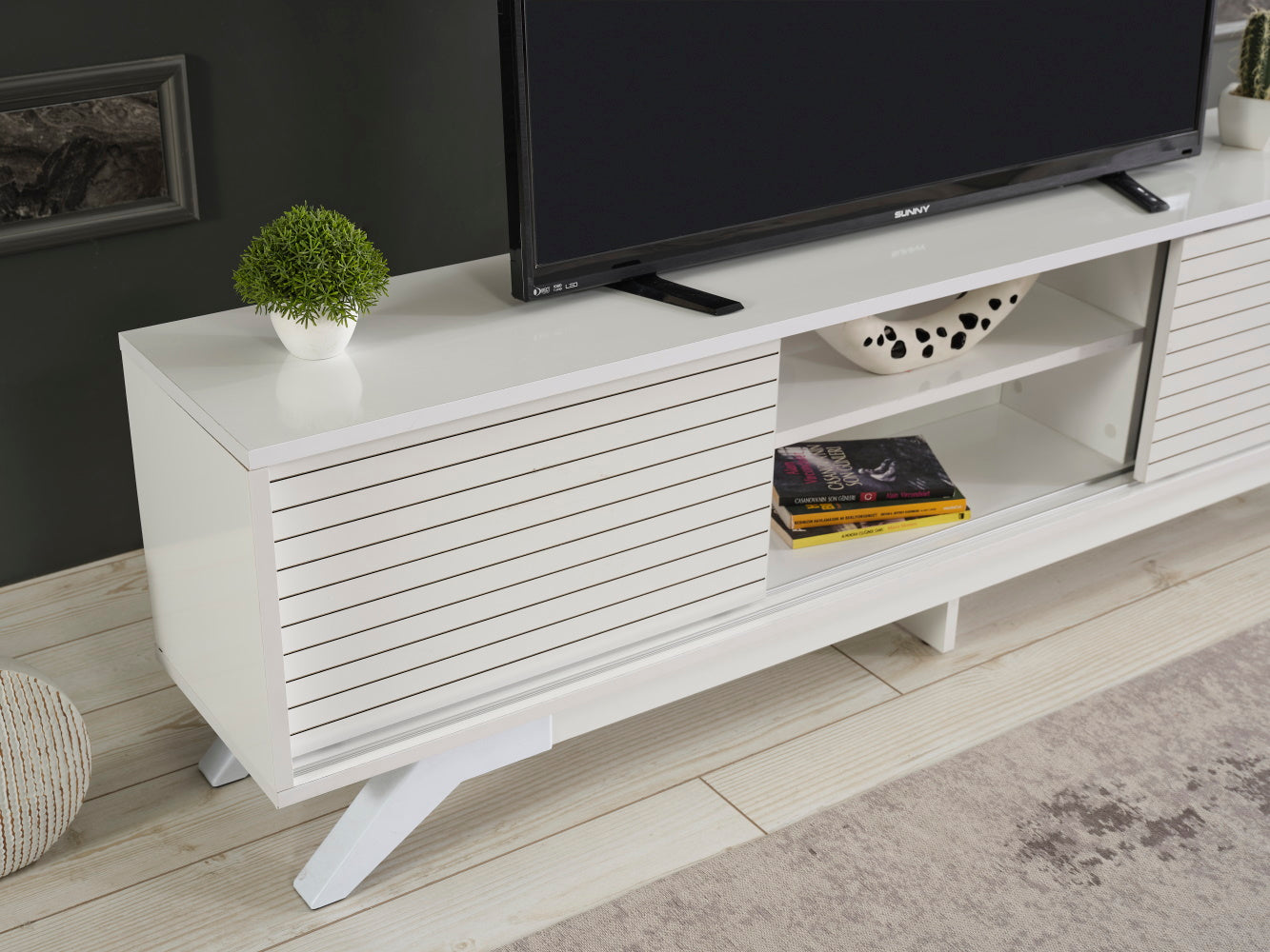 Furnishome Store Luxia Mid Century Modern Tv Stand 2 Sliding Door Cabinet 2 Shelves 67 Inch Tv Uni, White White Solid Wood