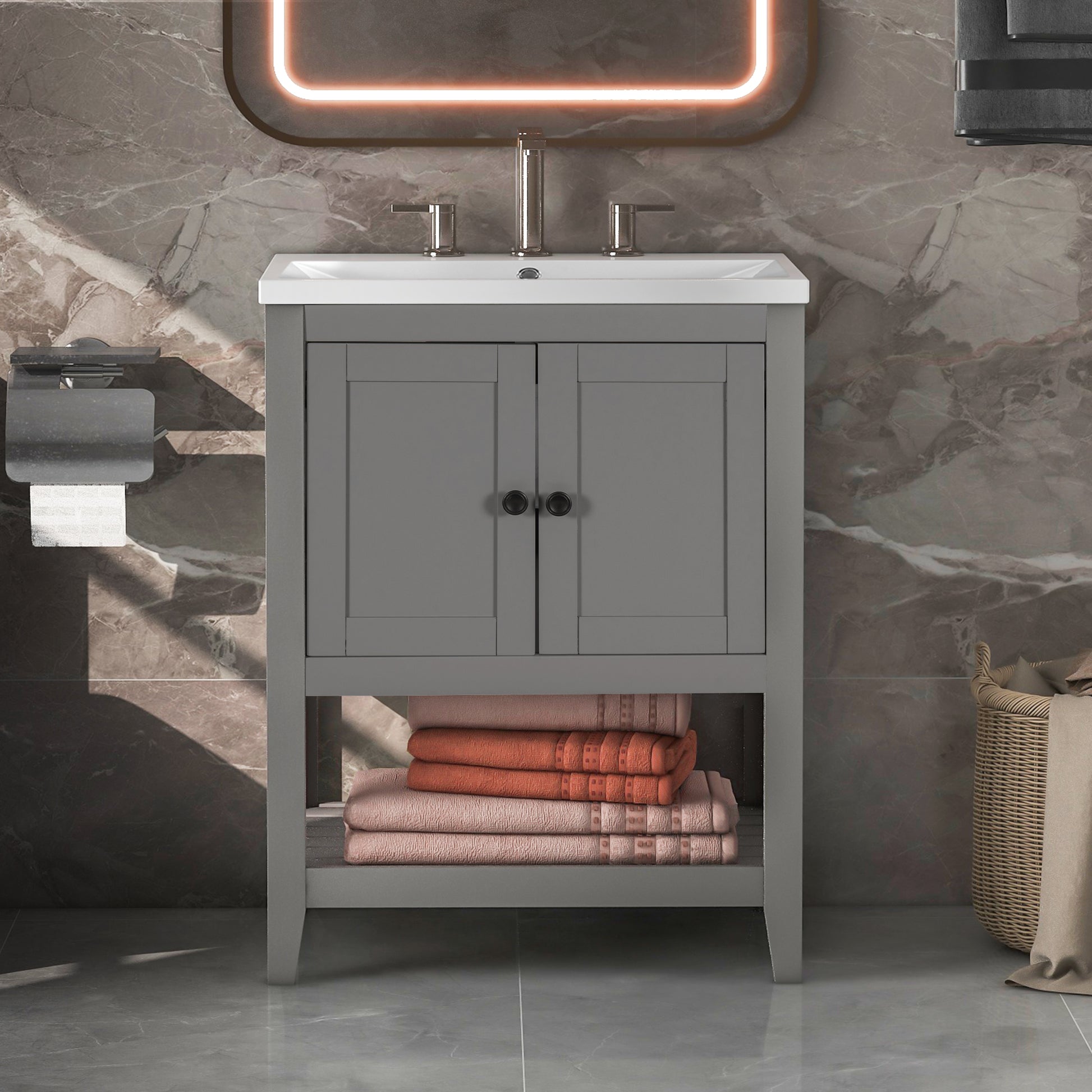 Video 24" Grey Modern Sleek Bathroom Vanity Elegant Ceramic Sink With Solid Wood Frame Open Style Shelf Old Sku: Jl000004Aae Grey Solid Wood