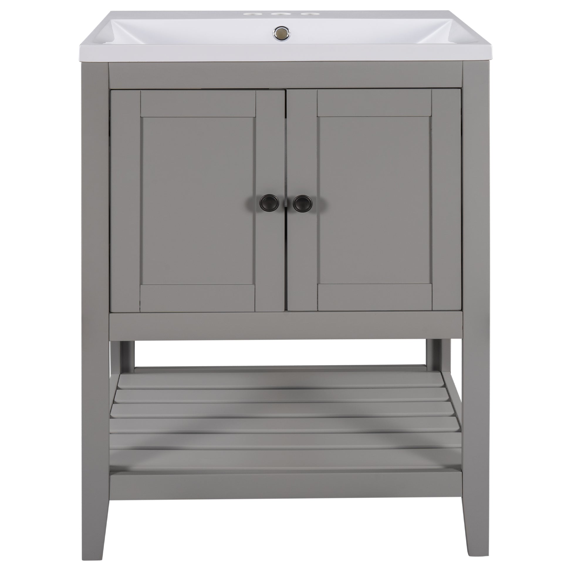 Video 24" Grey Modern Sleek Bathroom Vanity Elegant Ceramic Sink With Solid Wood Frame Open Style Shelf Old Sku: Jl000004Aae Grey Solid Wood