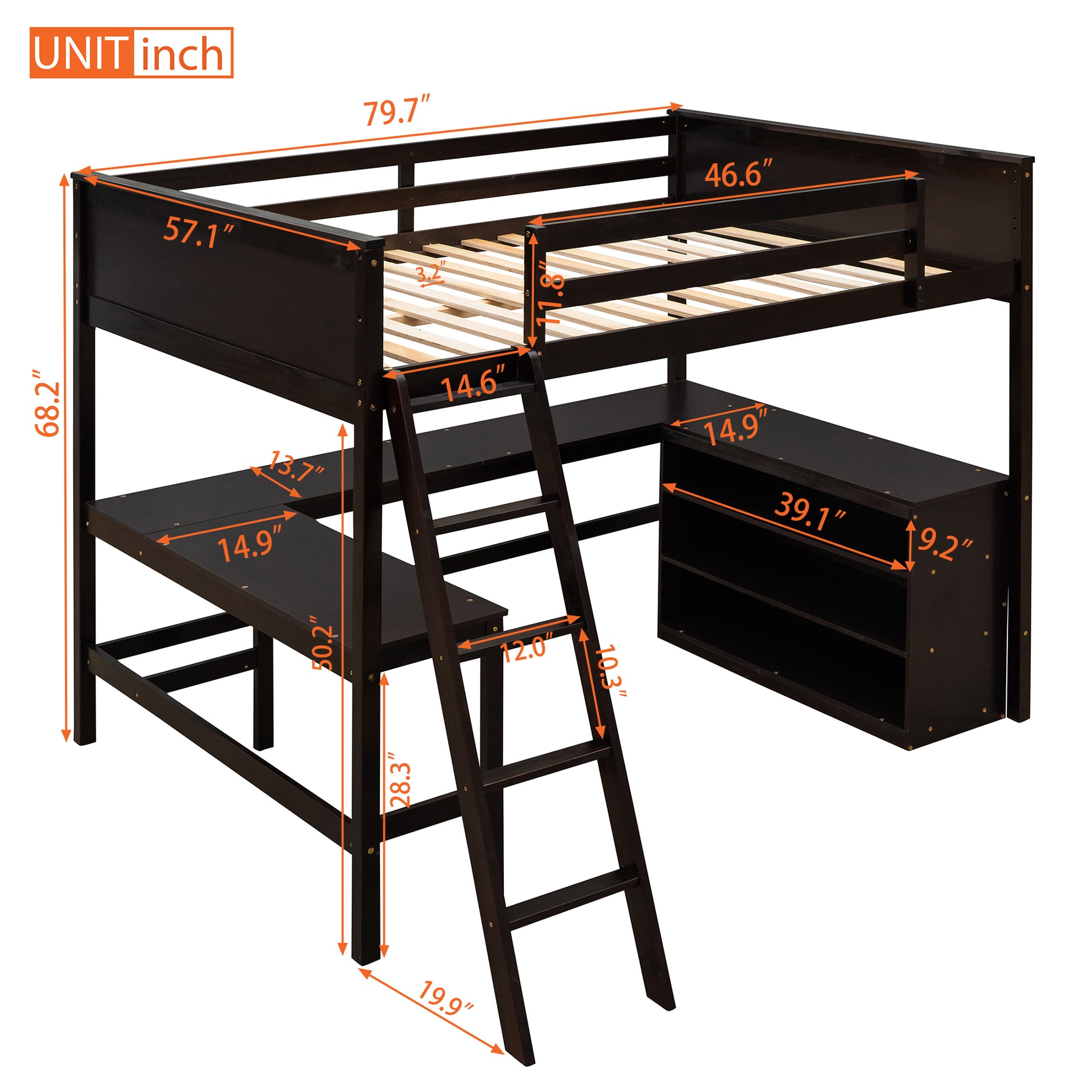 Full Size Loft Bed With Shelves And Desk, Wooden Loft Bed With Desk Espresso Espresso Solid Wood