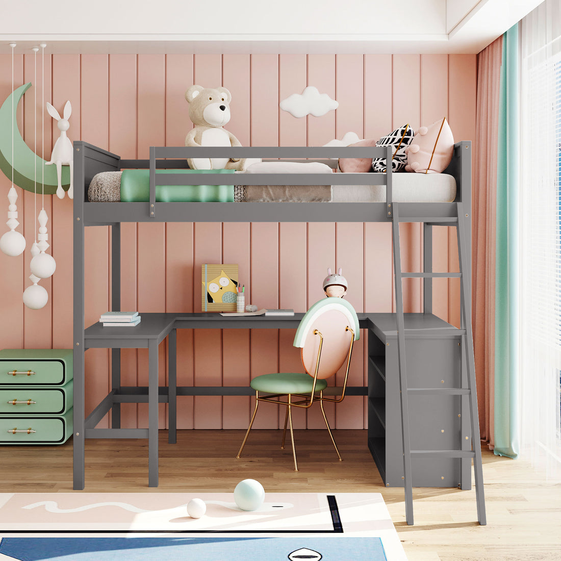 Full Size Loft Bed With Shelves And Desk, Wooden Loft Bed With Desk Gray Gray Solid Wood